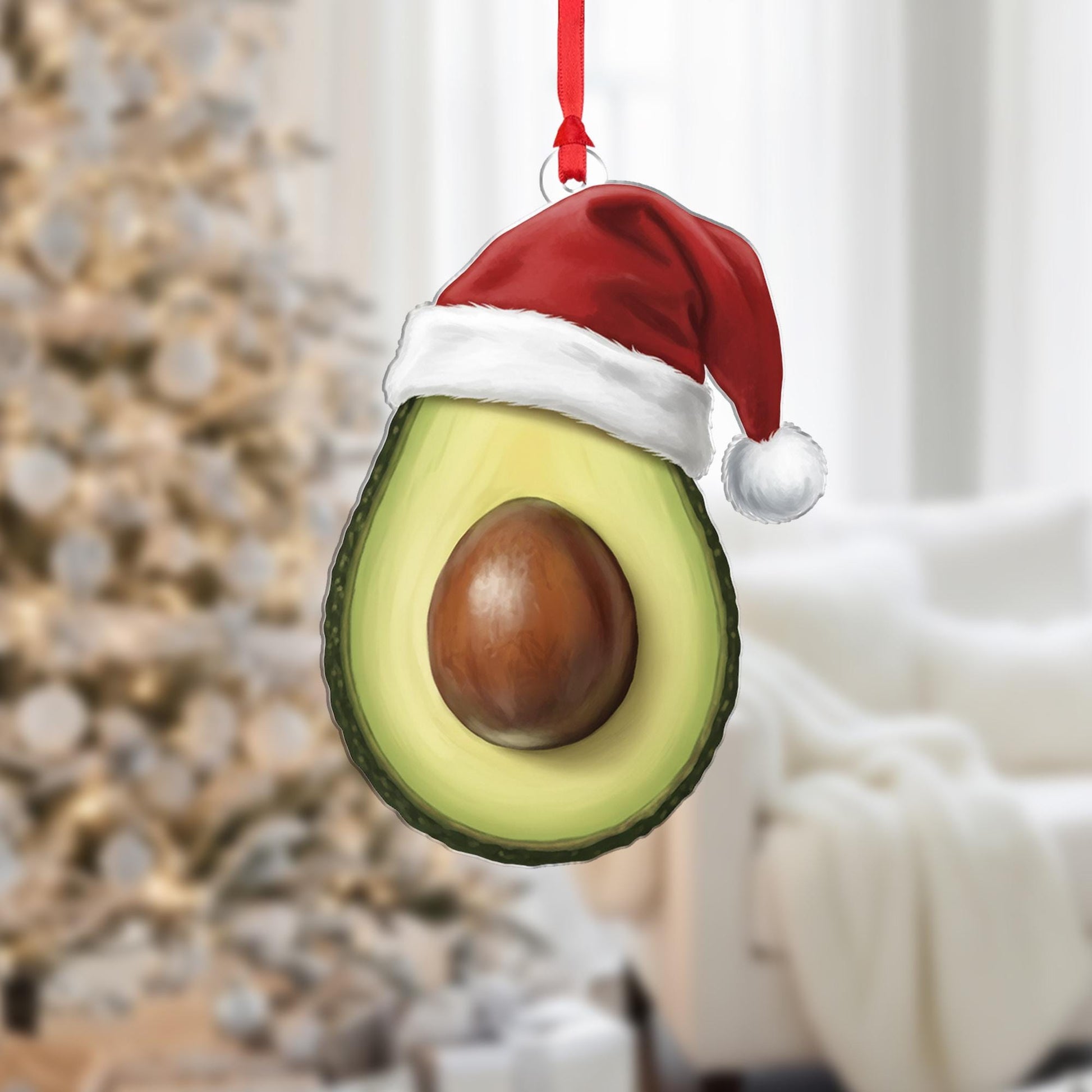 Avocado Christmas Ornament – Fruit Design with Santa Hat