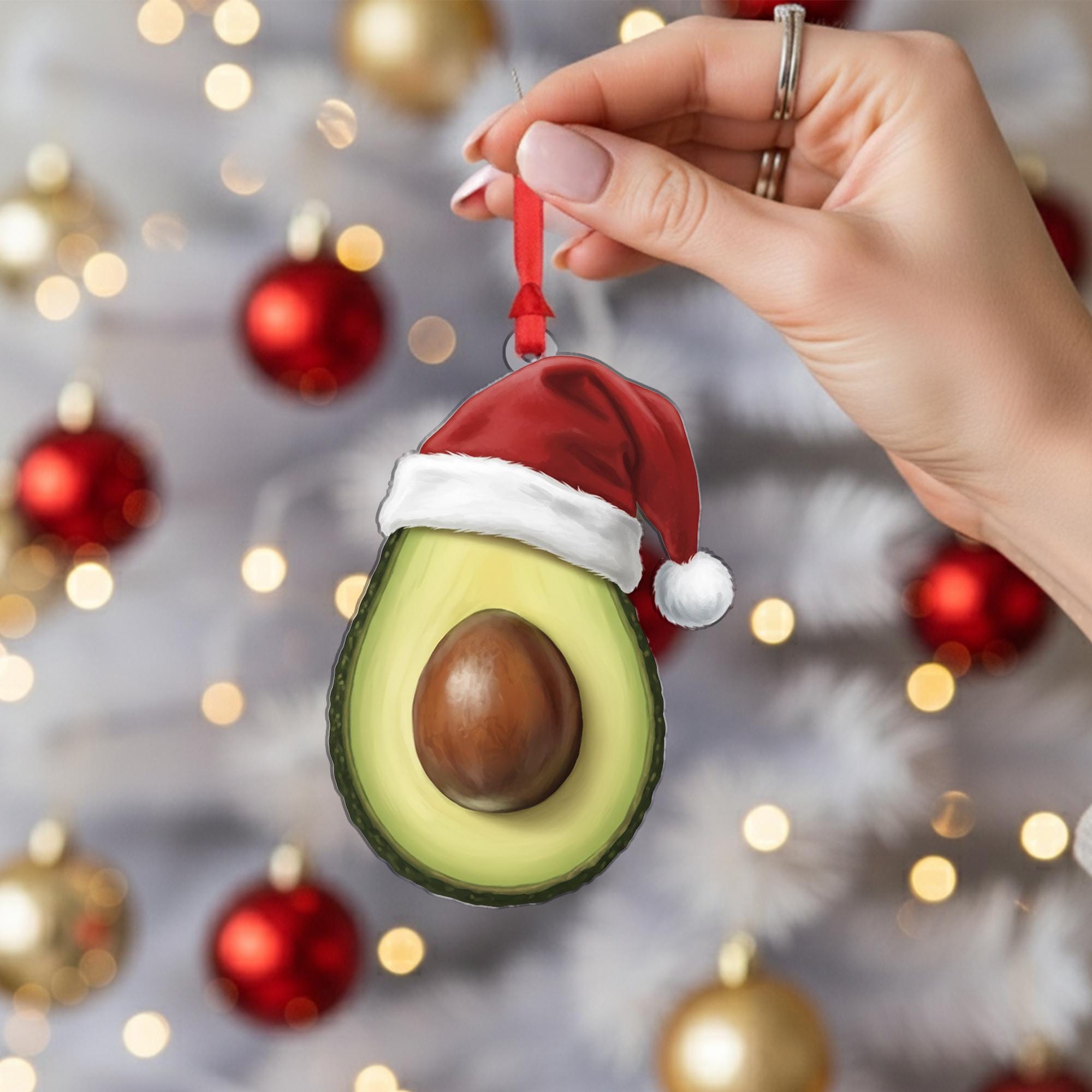 Avocado Christmas Ornament – Fruit Design with Santa Hat