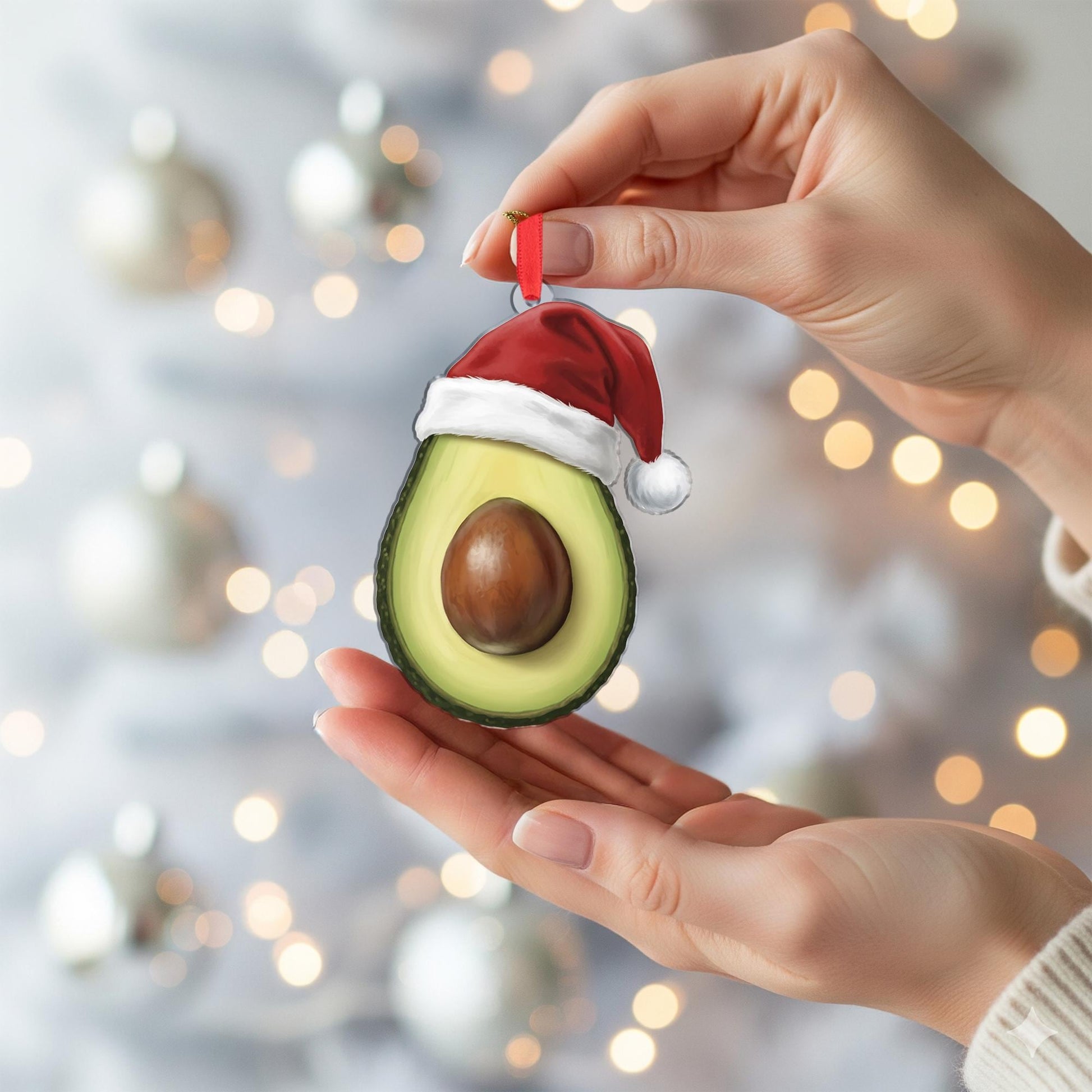 Avocado Christmas Ornament – Fruit Design with Santa Hat
