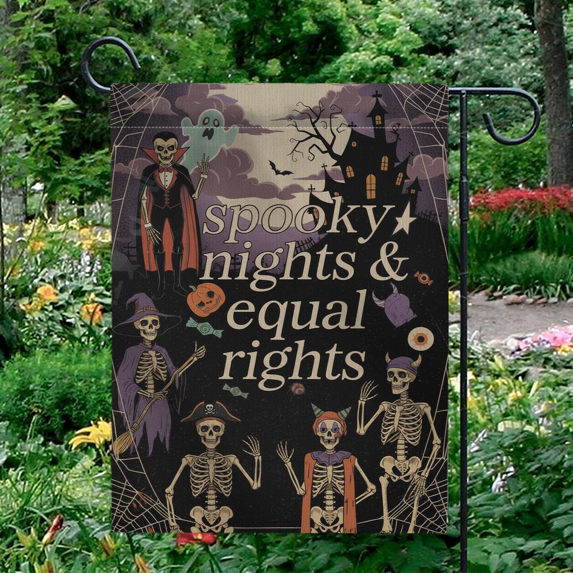 Halloween Garden Flag – Spooky Nights Equal Rights Skeleton Yard Sign