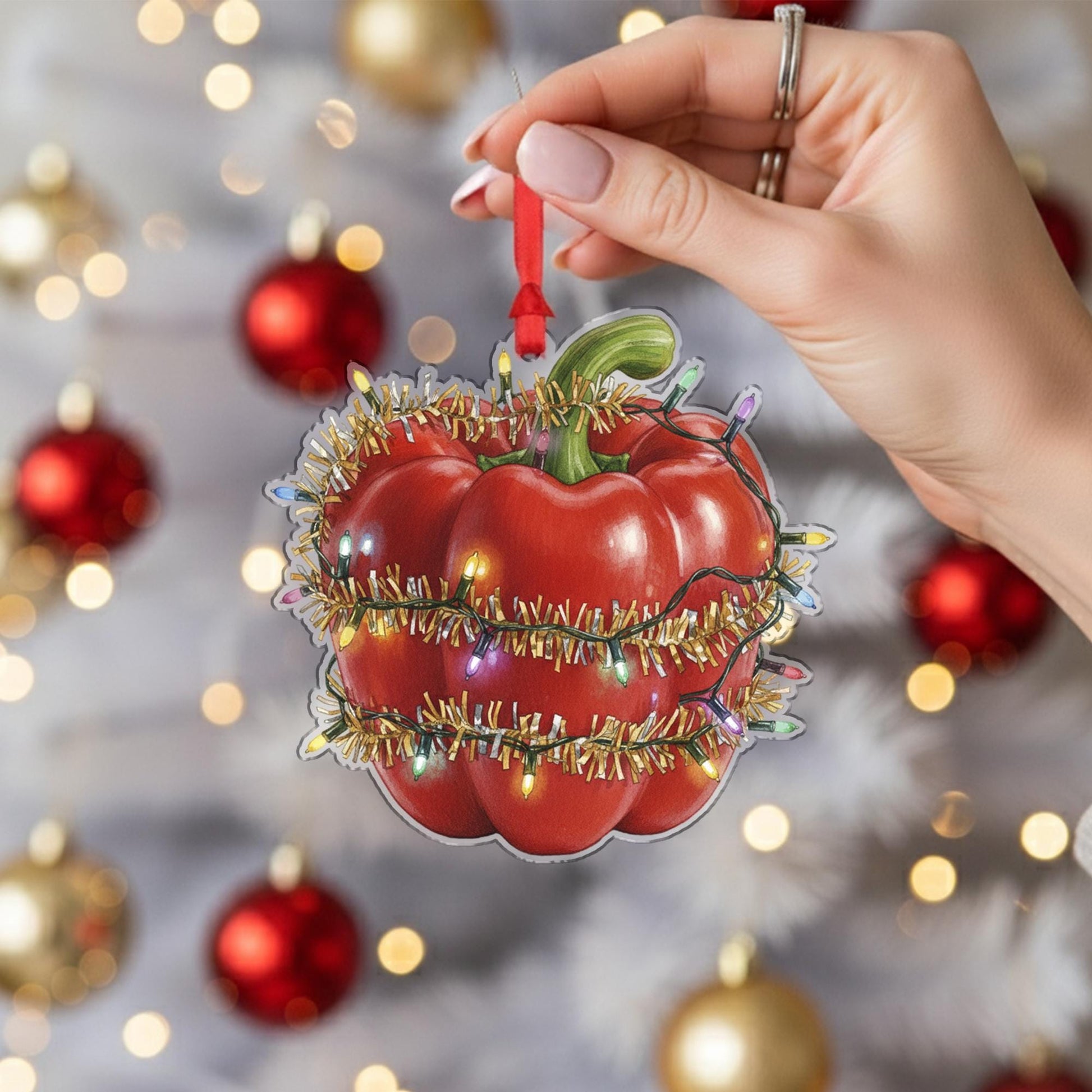 Bell Pepper Christmas Ornament – Red Vegetable Design with Holiday Lights