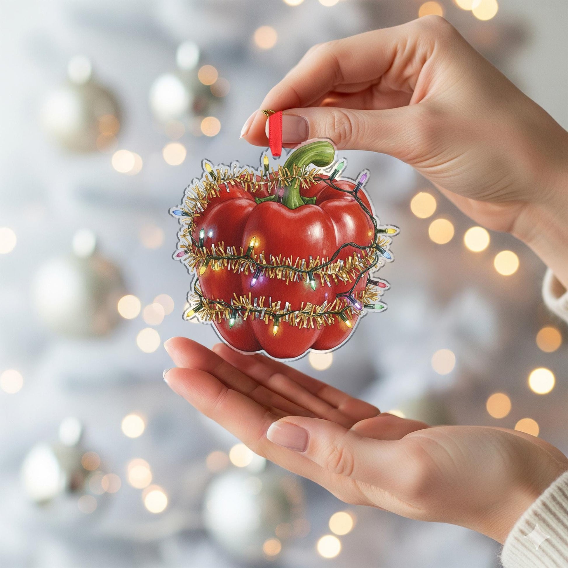 Bell Pepper Christmas Ornament – Red Vegetable Design with Holiday Lights
