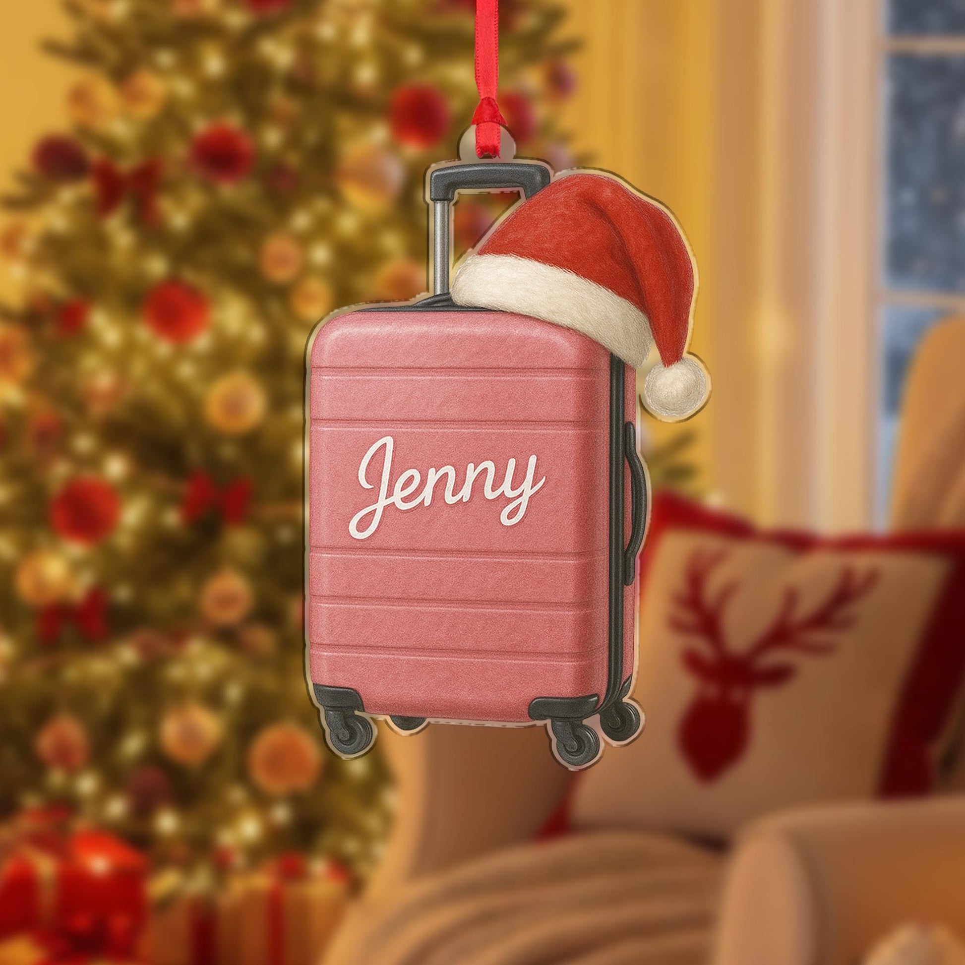 Personalized Suitcase Ornament – Luggage Design with Santa Hat