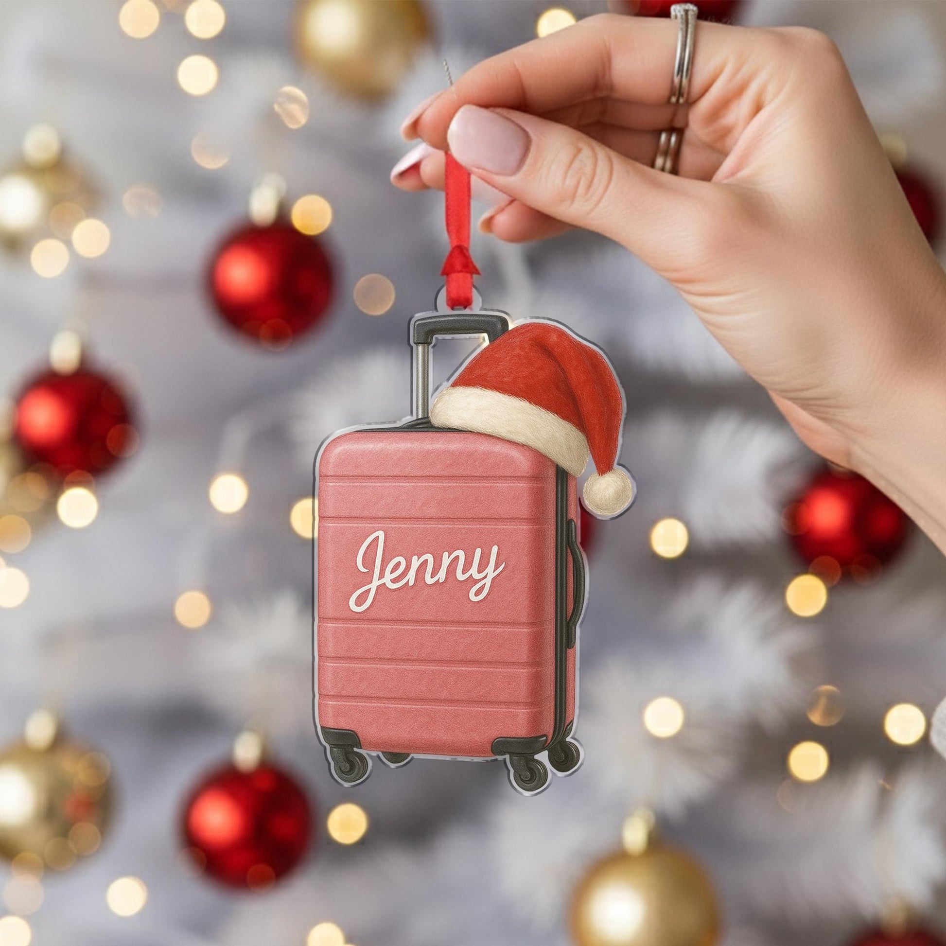 Personalized Suitcase Ornament – Luggage Design with Santa Hat