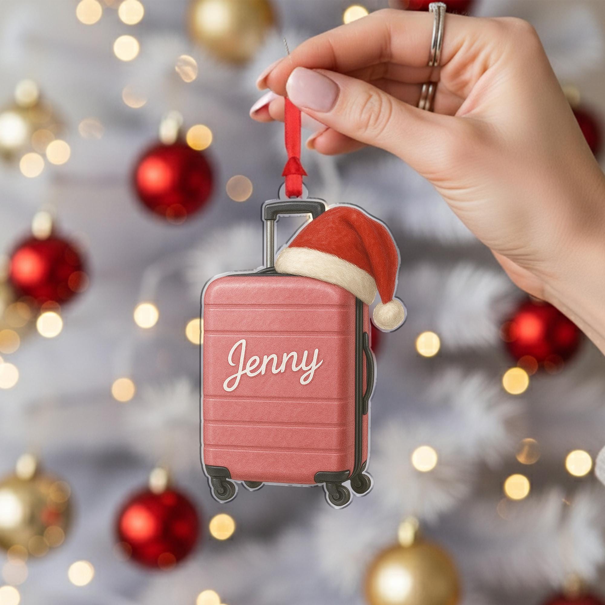 Personalized Suitcase Ornament – Luggage Design with Santa Hat