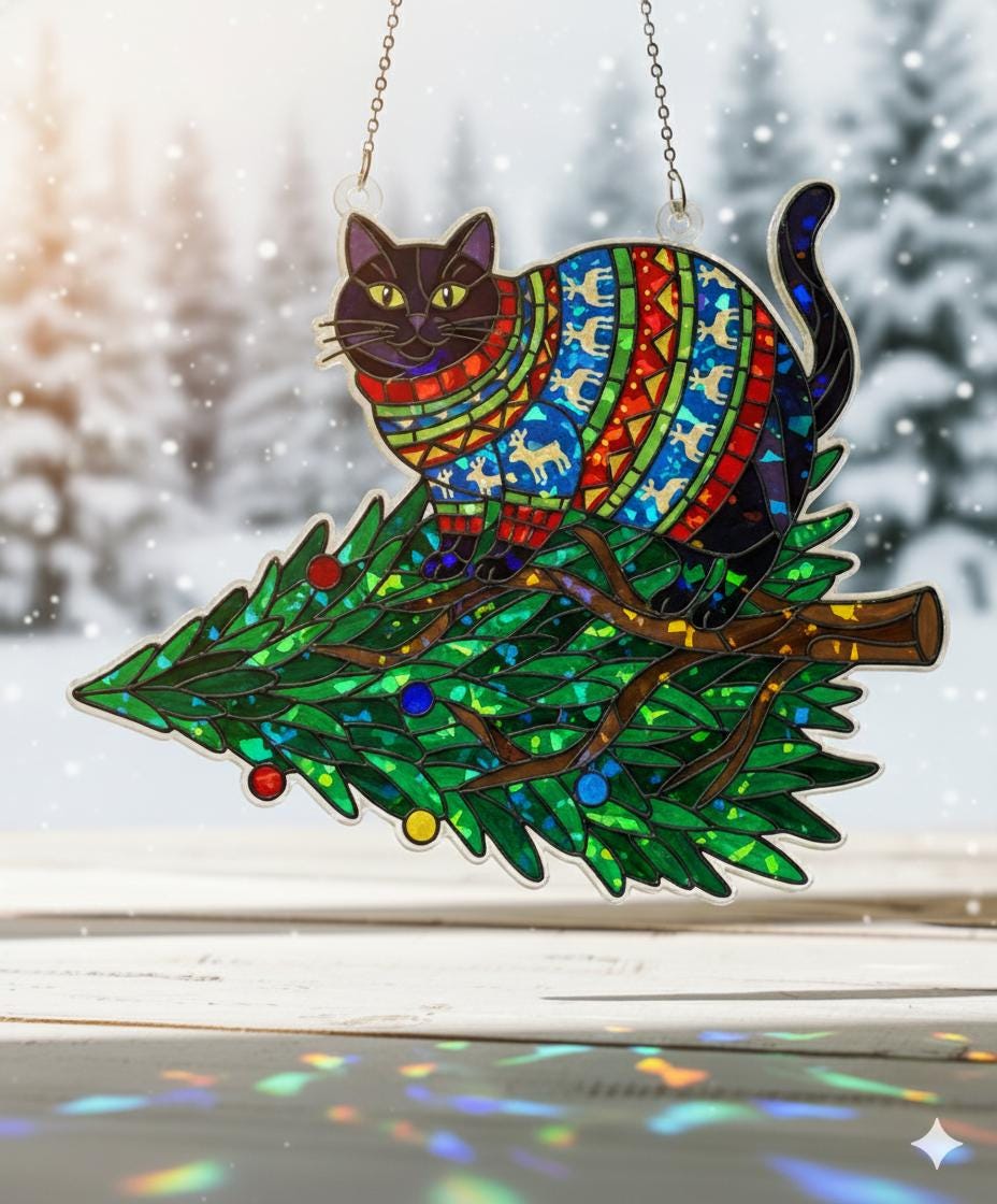 Cat in Sweater Window Hanging — Christmas Tree Hologram Suncatcher Decor