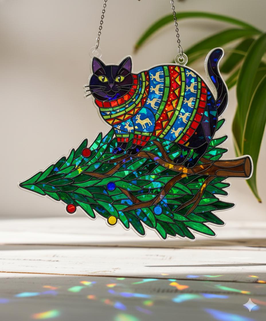 Cat in Sweater Window Hanging — Christmas Tree Hologram Suncatcher Decor