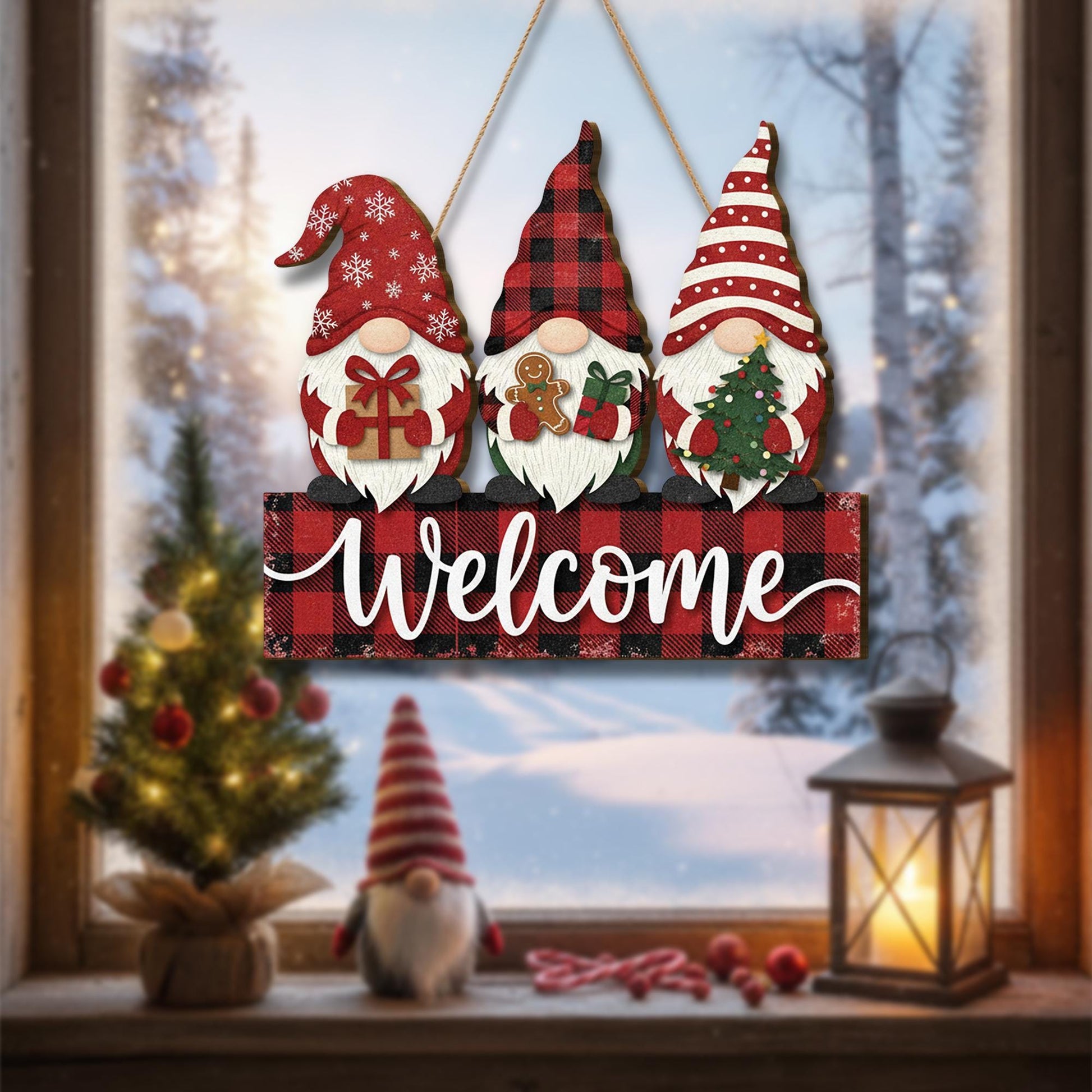 Christmas Gnome Welcome Door Sign: Holiday Plywood Decor