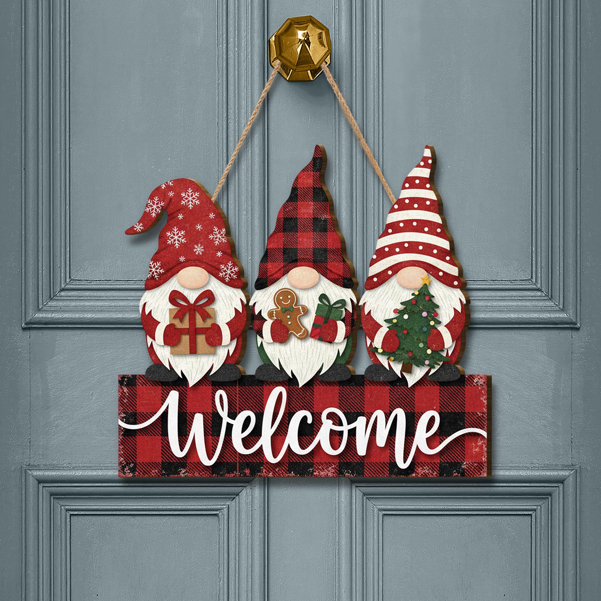 Christmas Gnome Welcome Door Sign: Holiday Plywood Decor