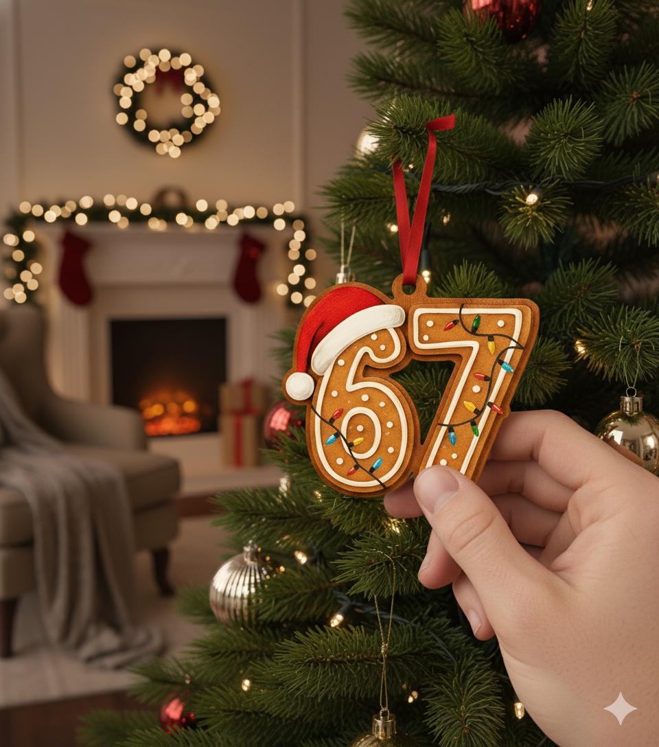 Wood 67 Ornament: Funny Six Seven Christmas Cookie Design Holiday Hanging