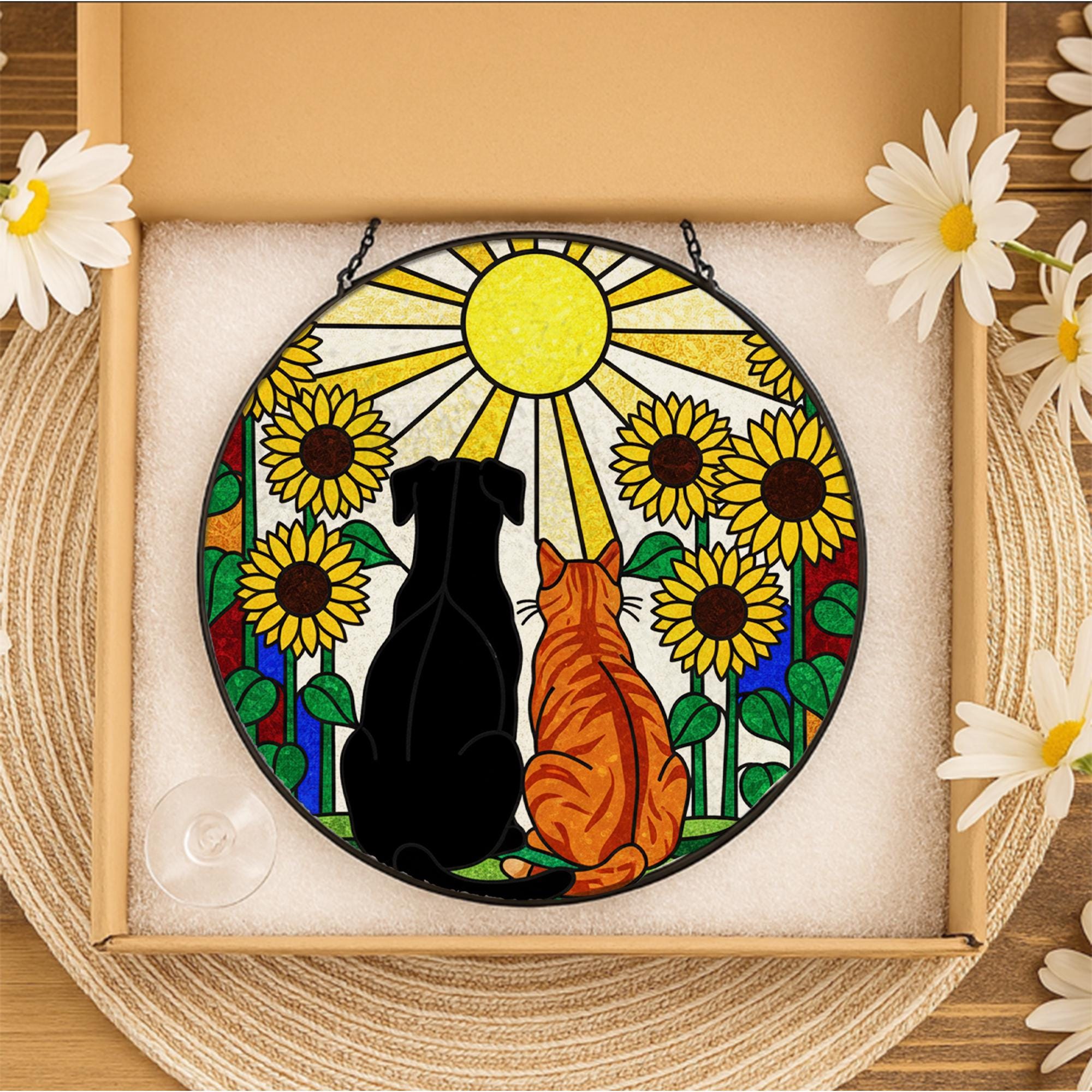 Glass Suncatcher: Dog and Cat Sunflower Window Hanging Pet Memorial Decoration