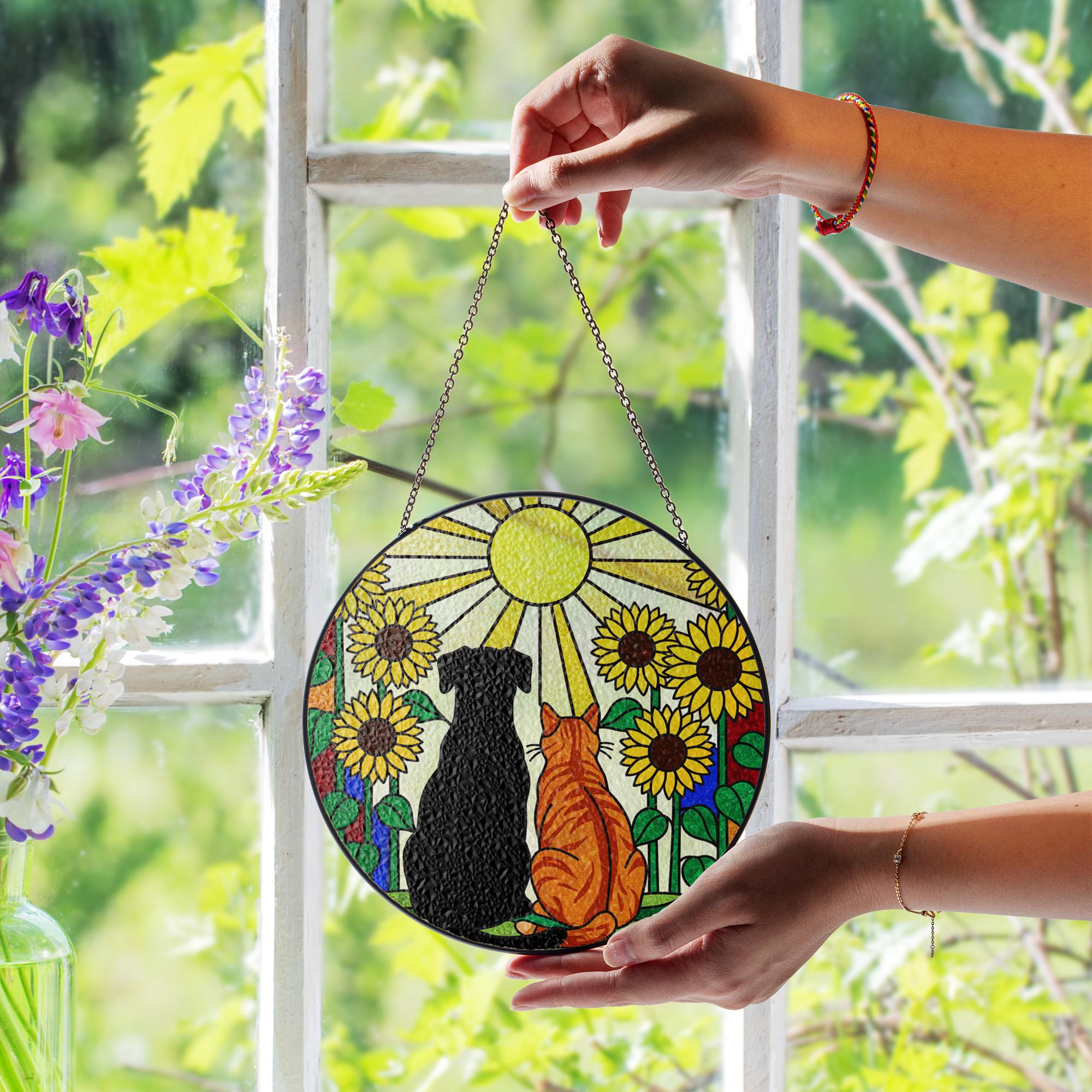Glass Suncatcher: Dog and Cat Sunflower Window Hanging Pet Memorial Decoration