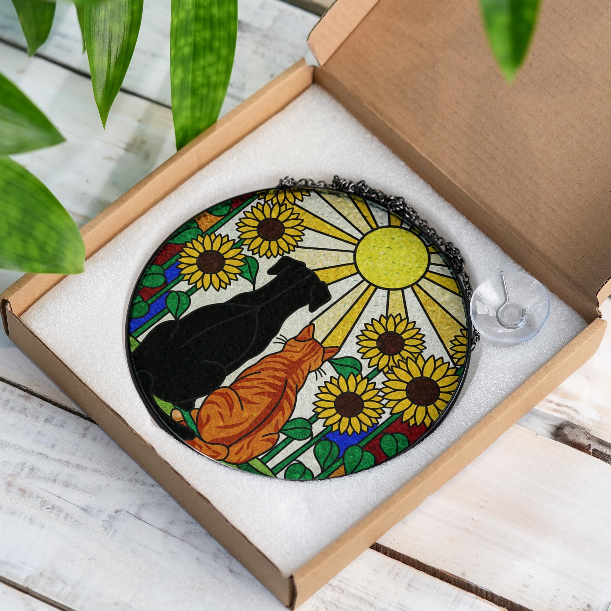 Glass Suncatcher: Dog and Cat Sunflower Window Hanging Pet Memorial Decoration