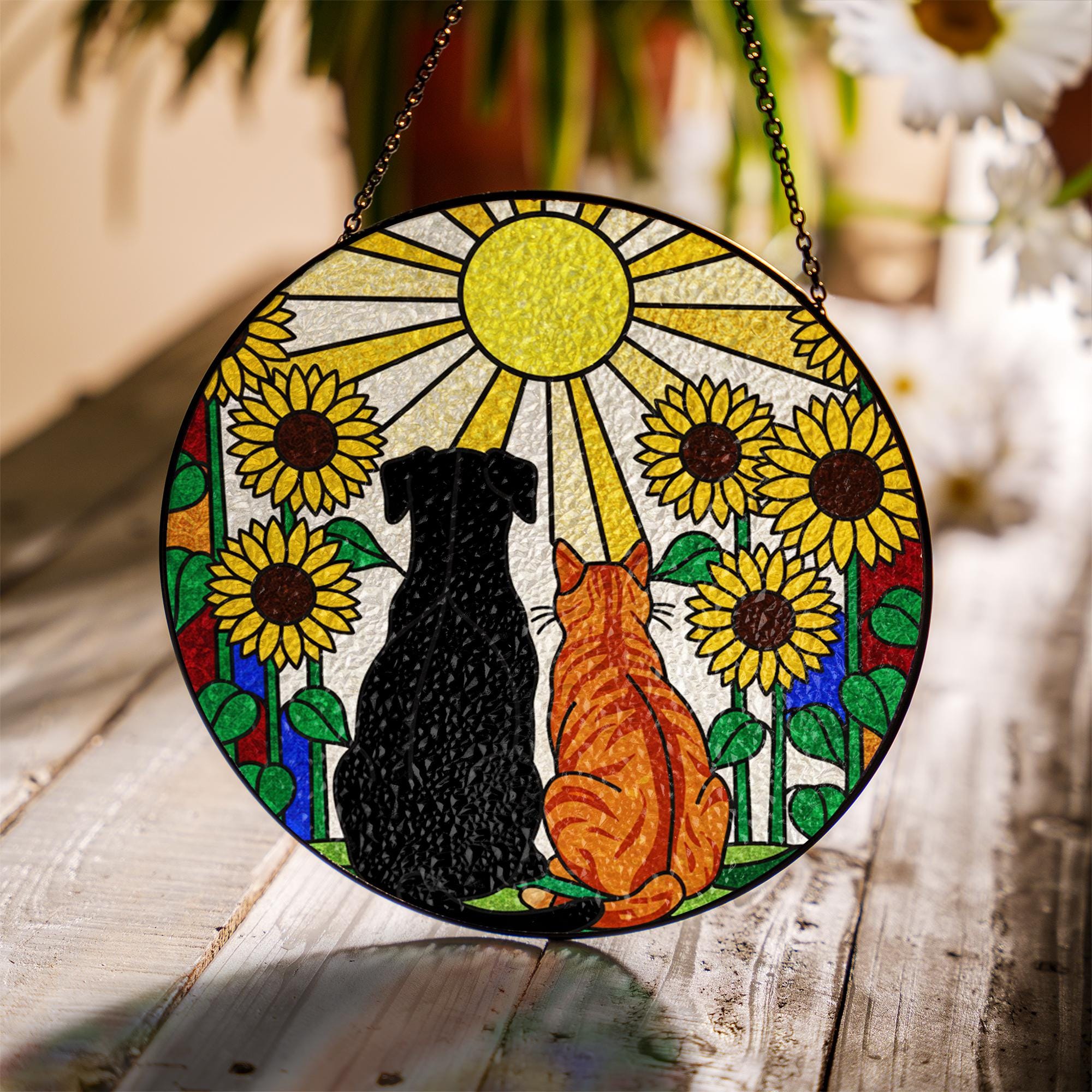 Glass Suncatcher: Dog and Cat Sunflower Window Hanging Pet Memorial Decoration