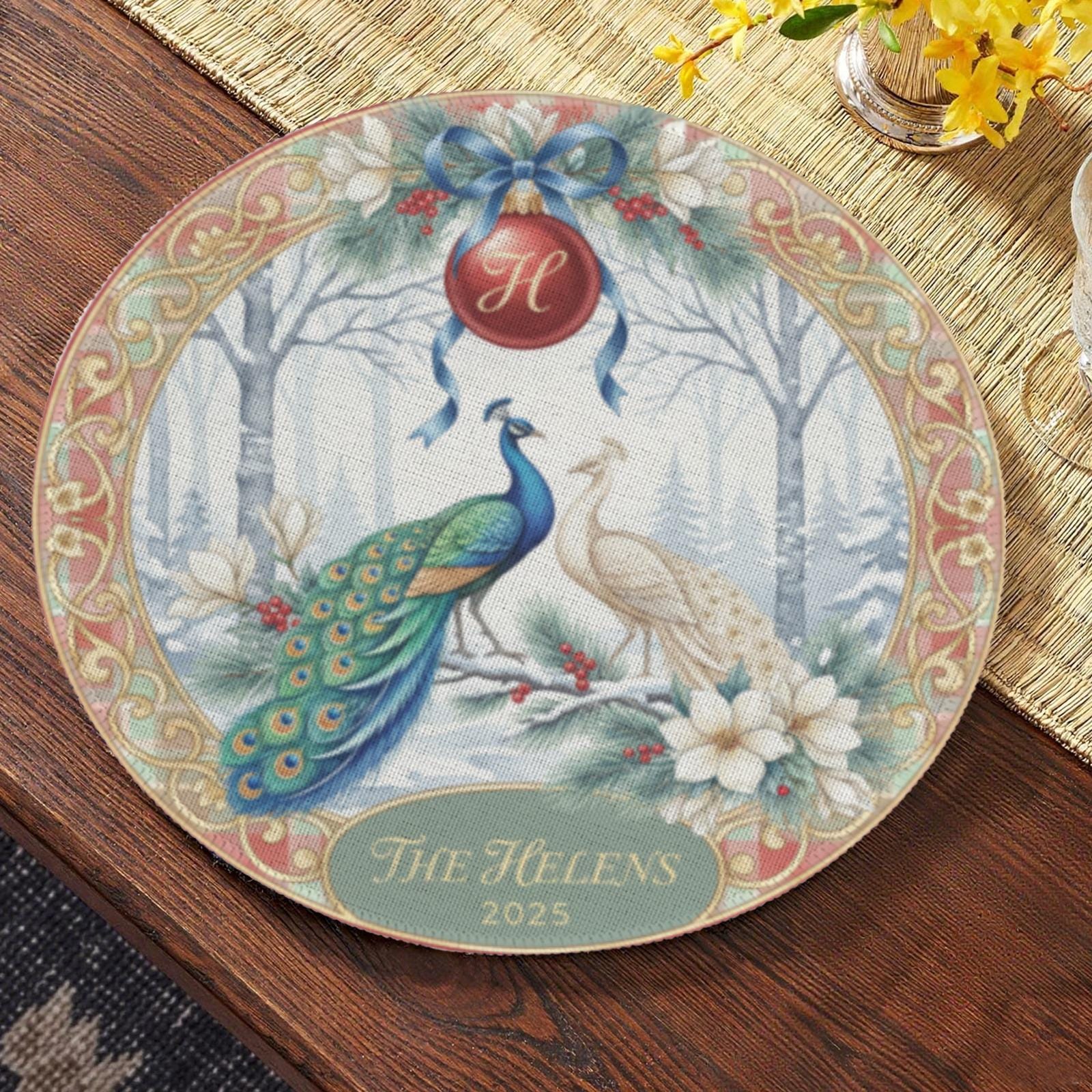 Personalized Peacock Placemat – Custom Family Name Round Christmas Table Decor 2025