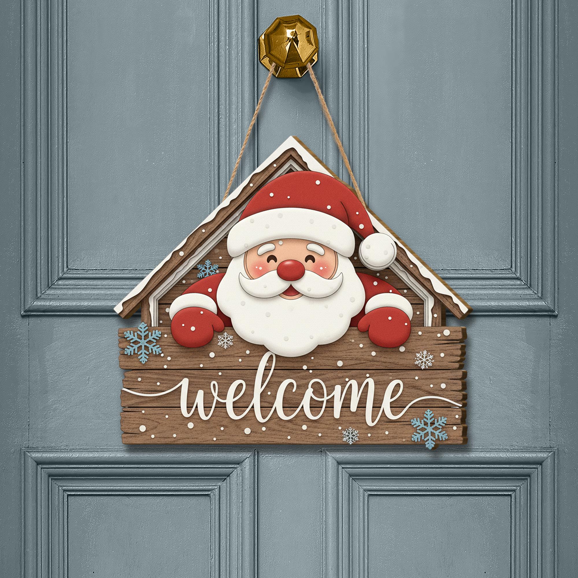 Santa Welcome Sign: Wooden Holiday Door Hanger