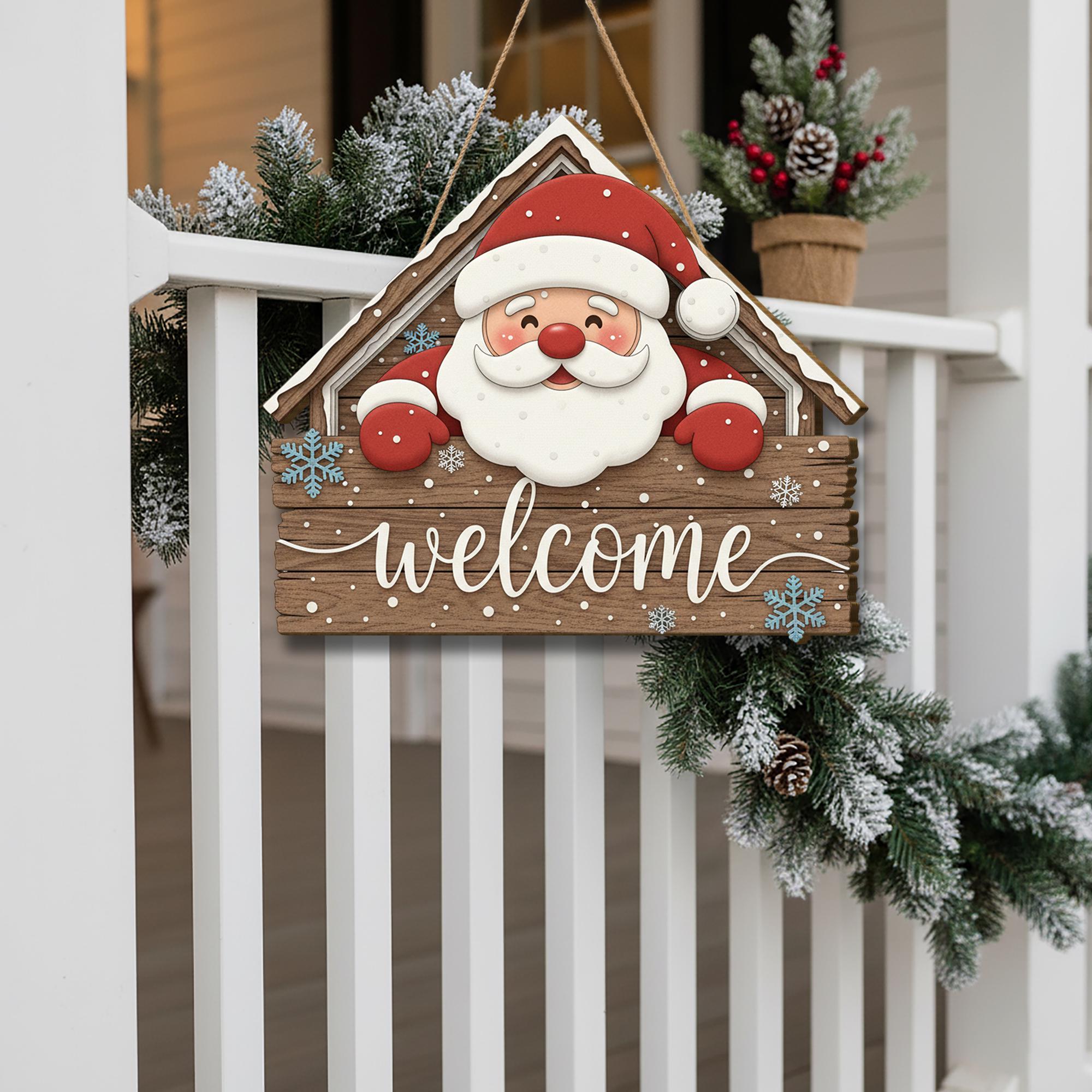 Santa Welcome Sign: Wooden Holiday Door Hanger