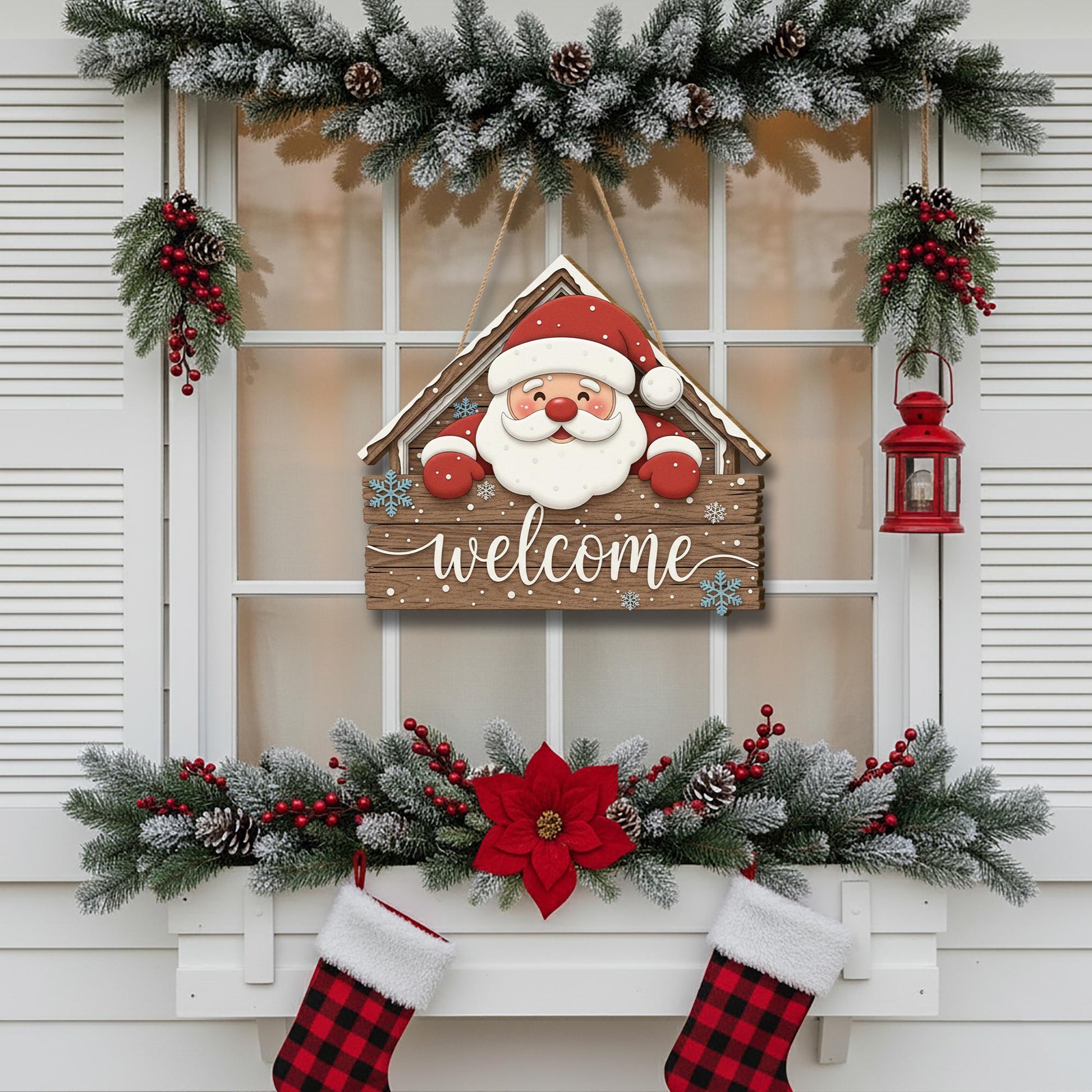 Santa Welcome Sign: Wooden Holiday Door Hanger