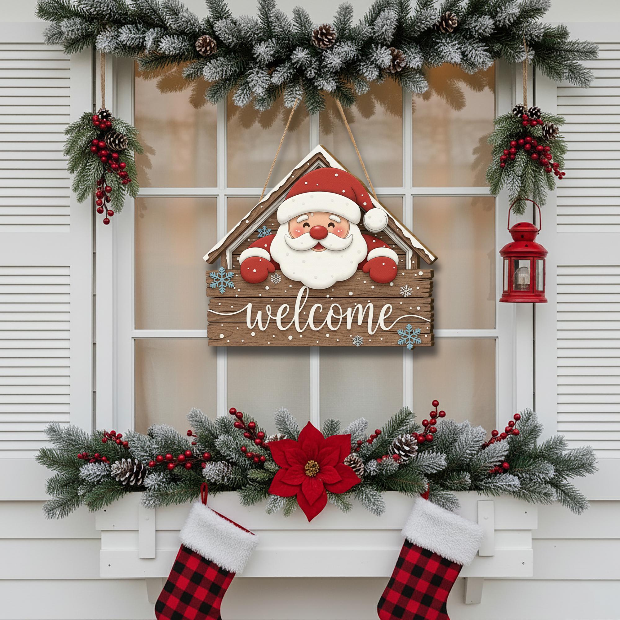 Santa Welcome Sign: Wooden Holiday Door Hanger
