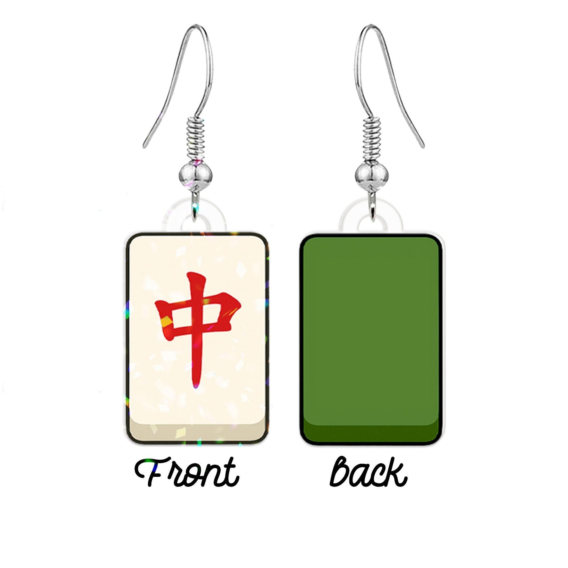 Mahjong Tile Earrings – Chinese Character Jewelry, Lucky Symbol Drop Earrings