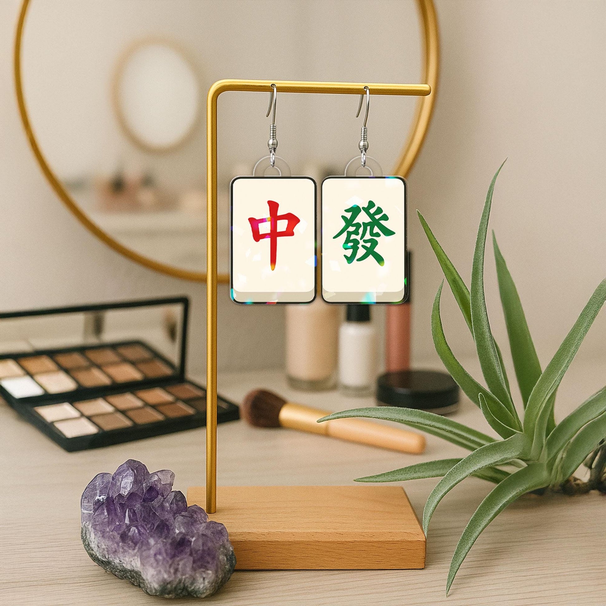 Mahjong Tile Earrings – Chinese Character Jewelry, Lucky Symbol Drop Earrings