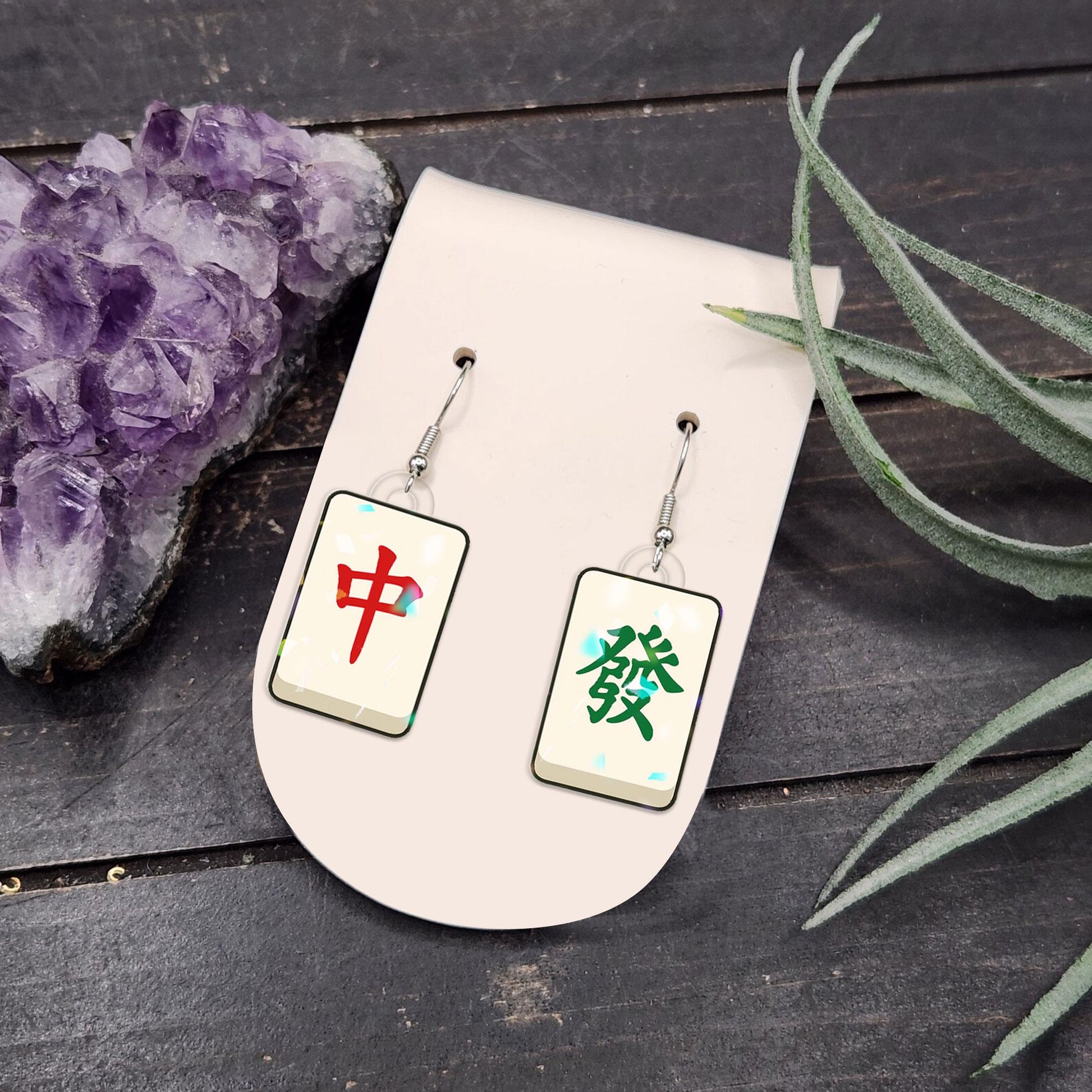 Mahjong Tile Earrings – Chinese Character Jewelry, Lucky Symbol Drop Earrings