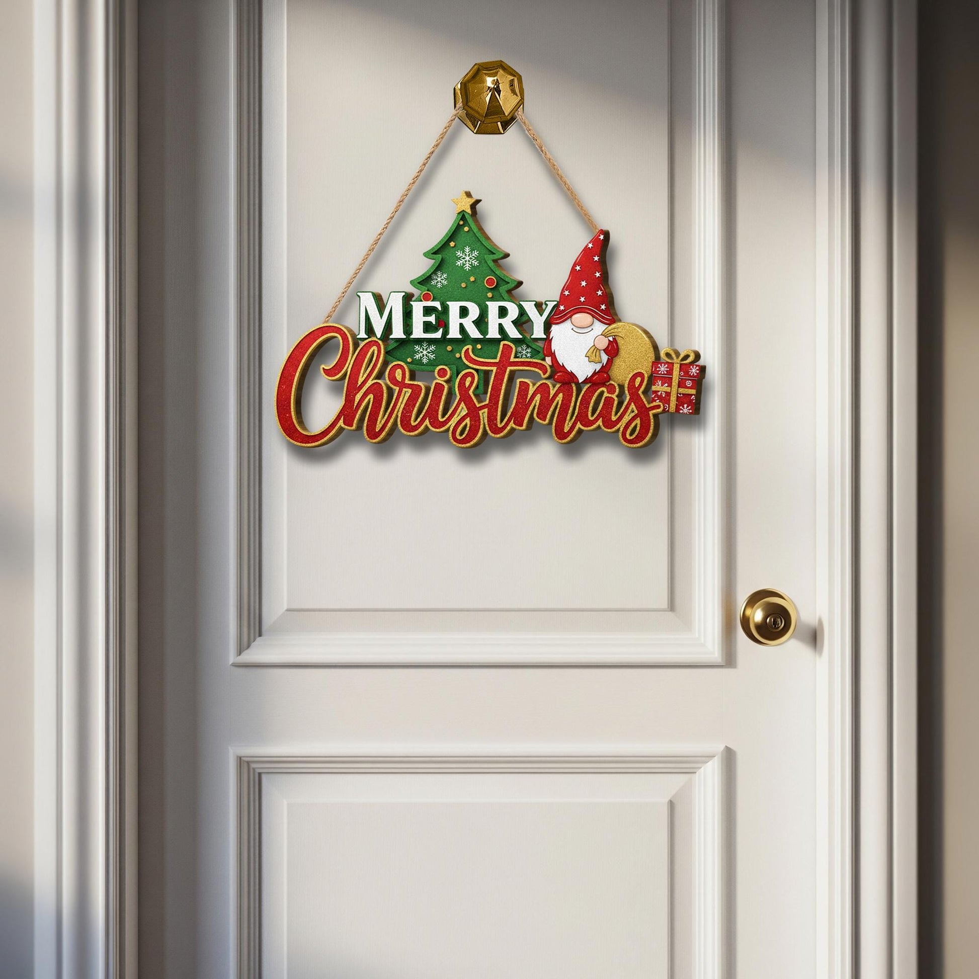 Merry Christmas Gnome Door Sign – Holiday Porch Decor