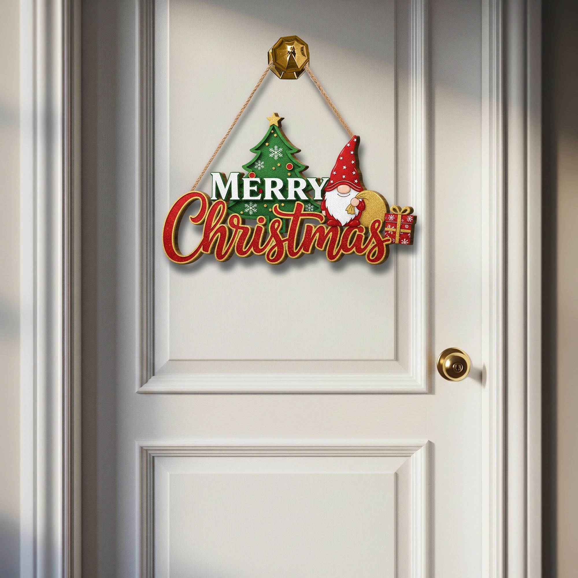Merry Christmas Gnome Door Sign – Holiday Porch Decor