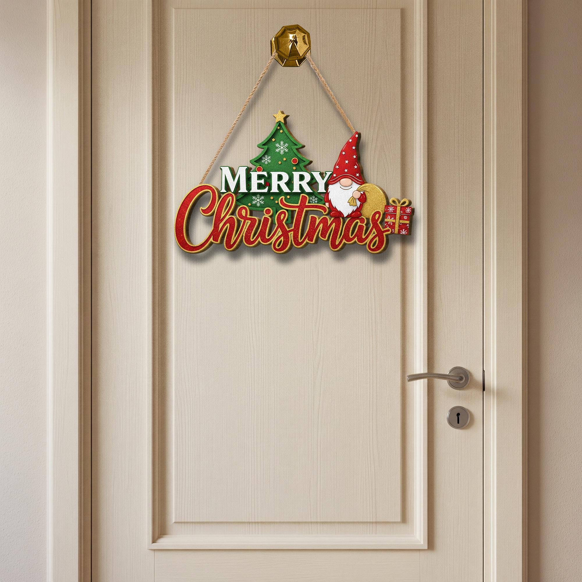 Merry Christmas Gnome Door Sign – Holiday Porch Decor