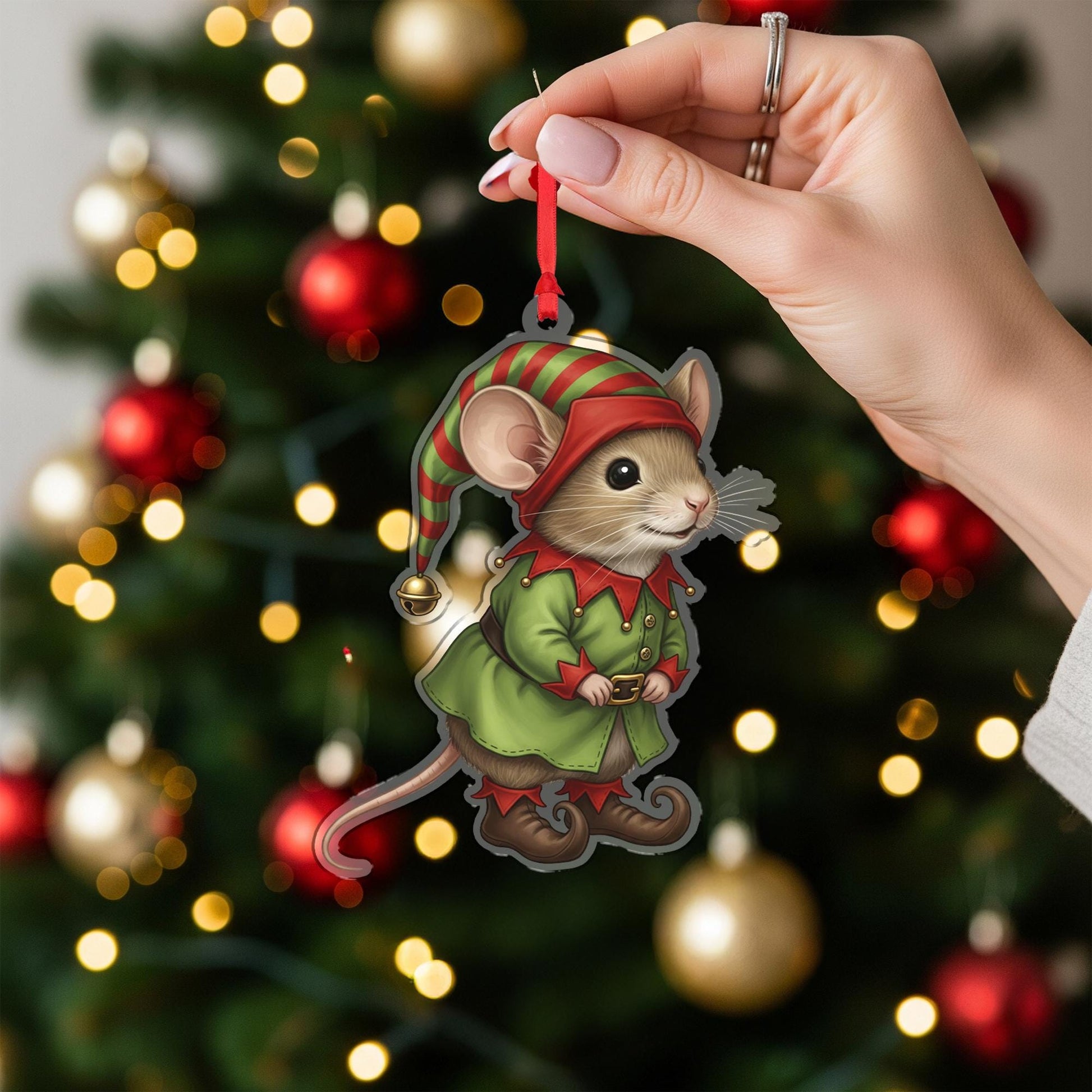 Mouse Ornament – Christmas Tree Decoration, Elf Costume, Acrylic Cutout
