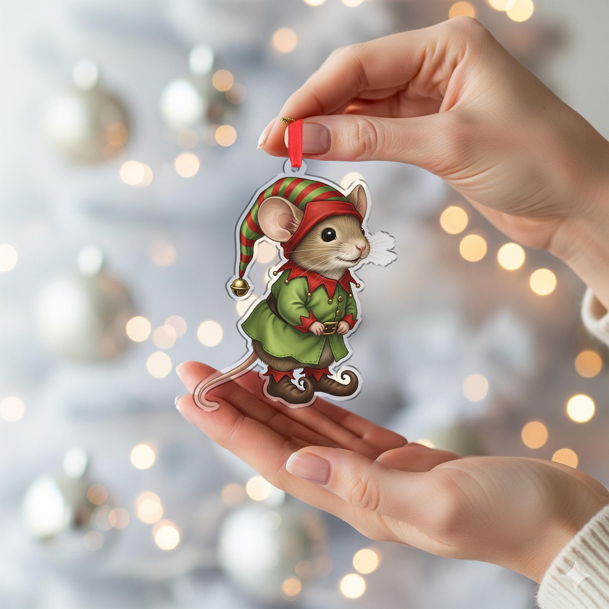 Mouse Ornament – Christmas Tree Decoration, Elf Costume, Acrylic Cutout