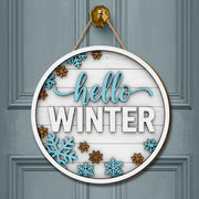 Hello Winter Door Sign: Round Wood Snowflake Welcome Sign