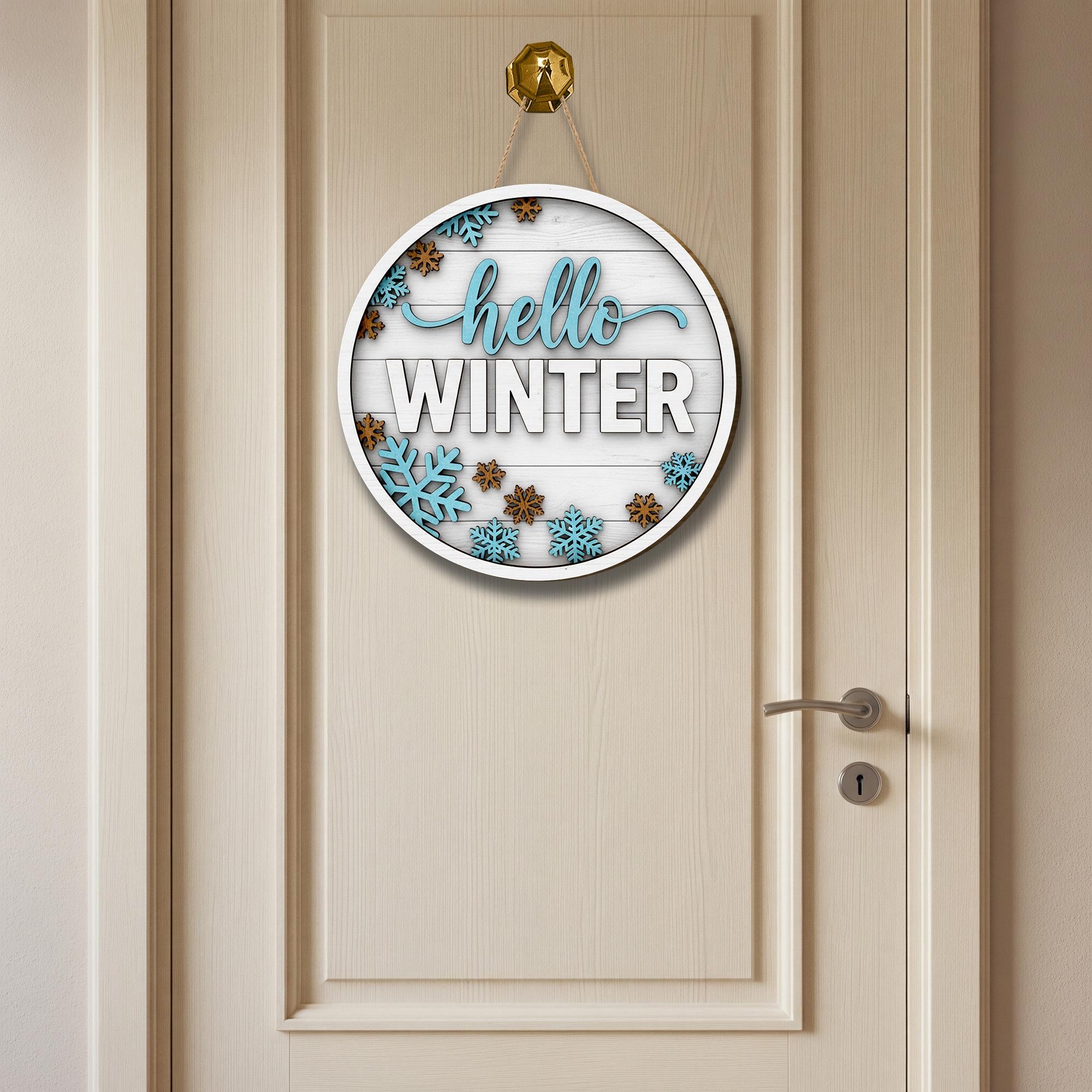 Hello Winter Door Sign: Round Wood Snowflake Welcome Sign