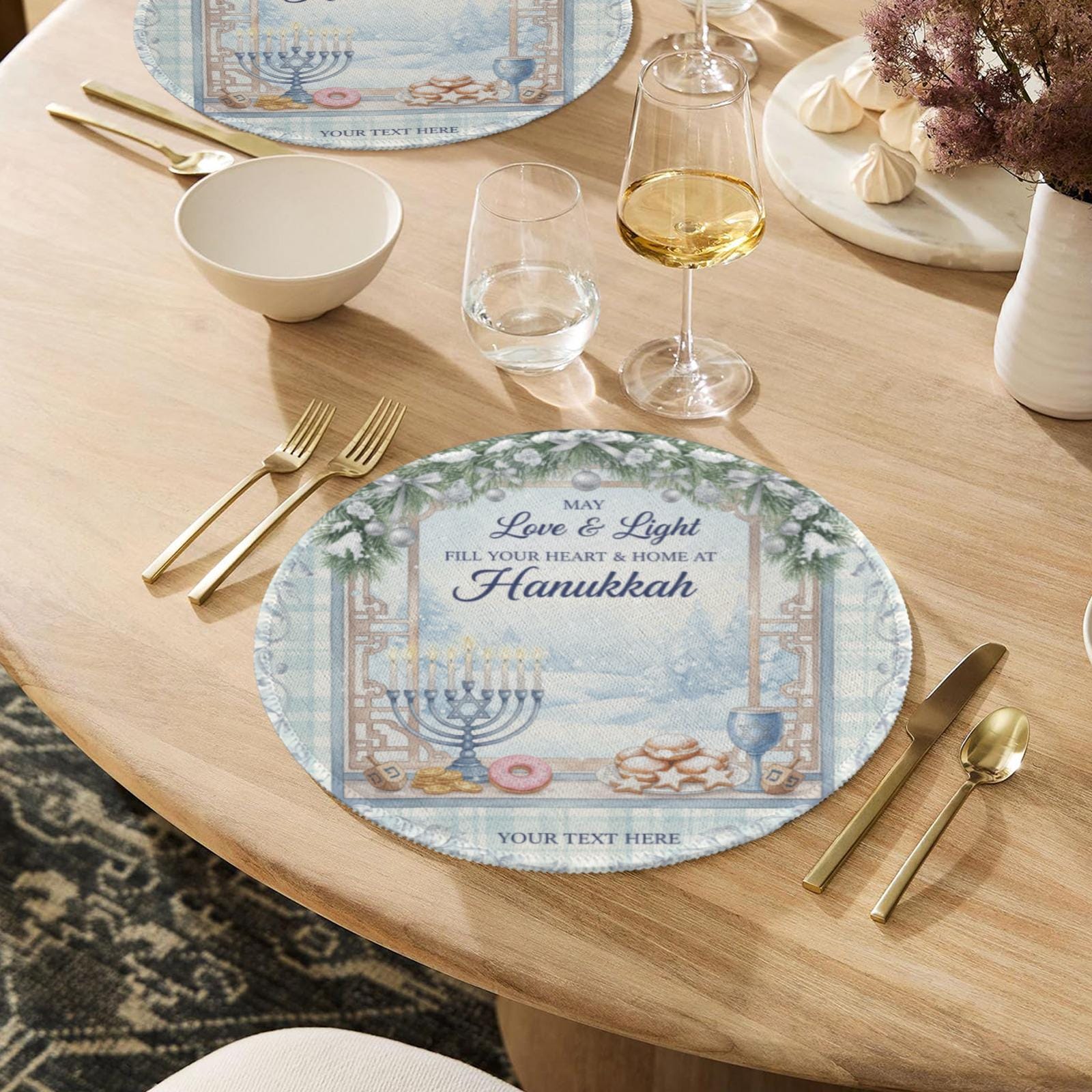 Personalized Hanukkah Placemat – Custom Round Table Decor with Menorah and Dreidel