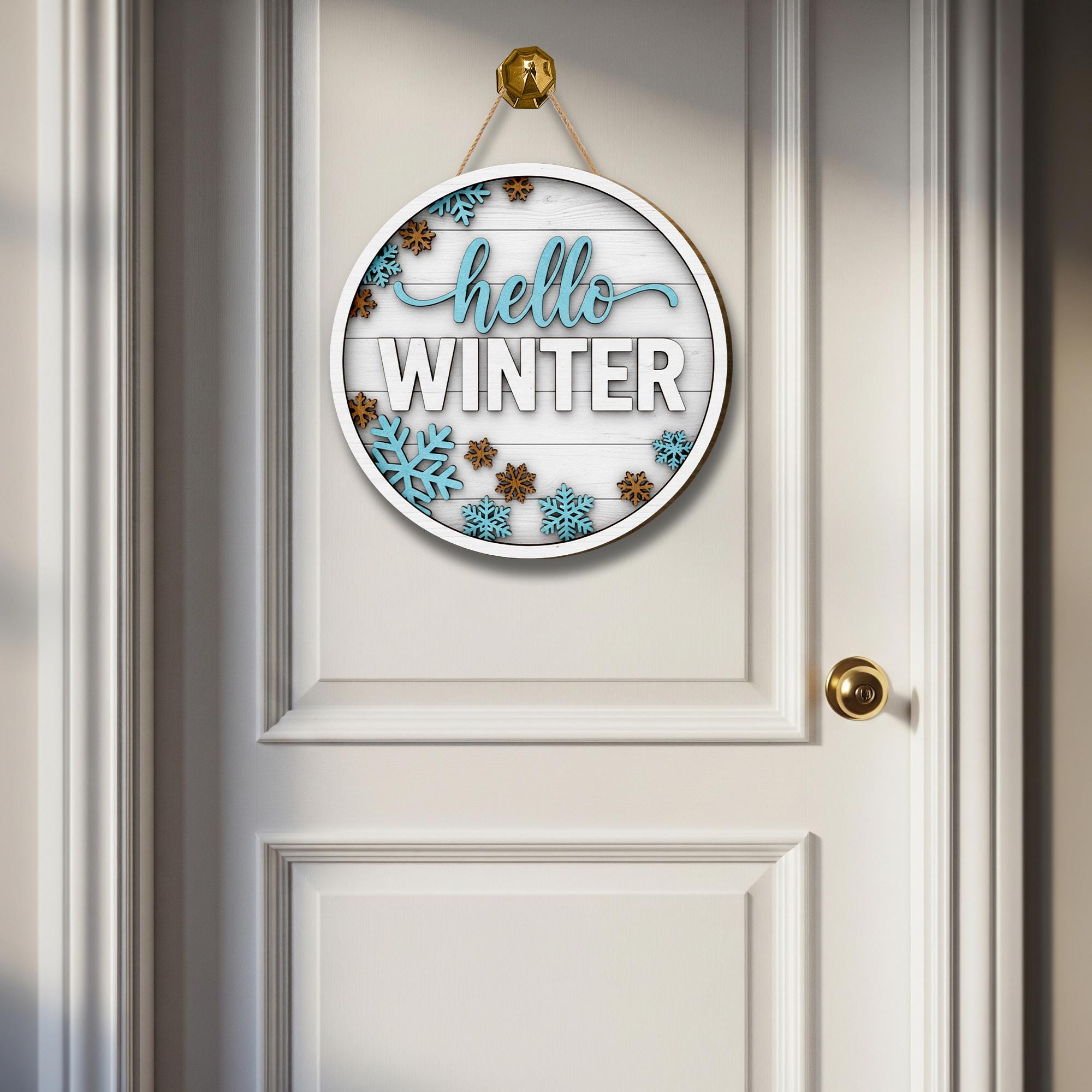 Hello Winter Door Sign: Round Wood Snowflake Welcome Sign