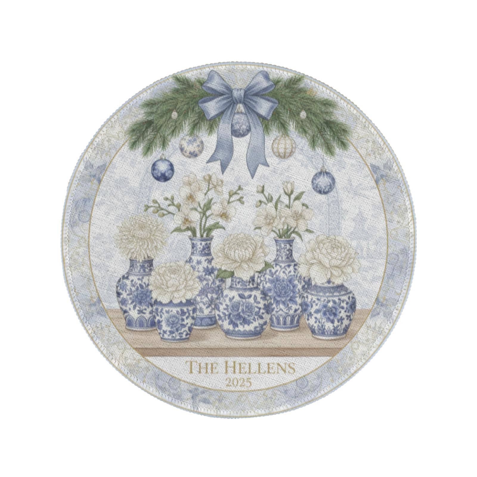 Personalized Blue and White Floral Placemat – Custom Family Name Round Holiday Table Decor”