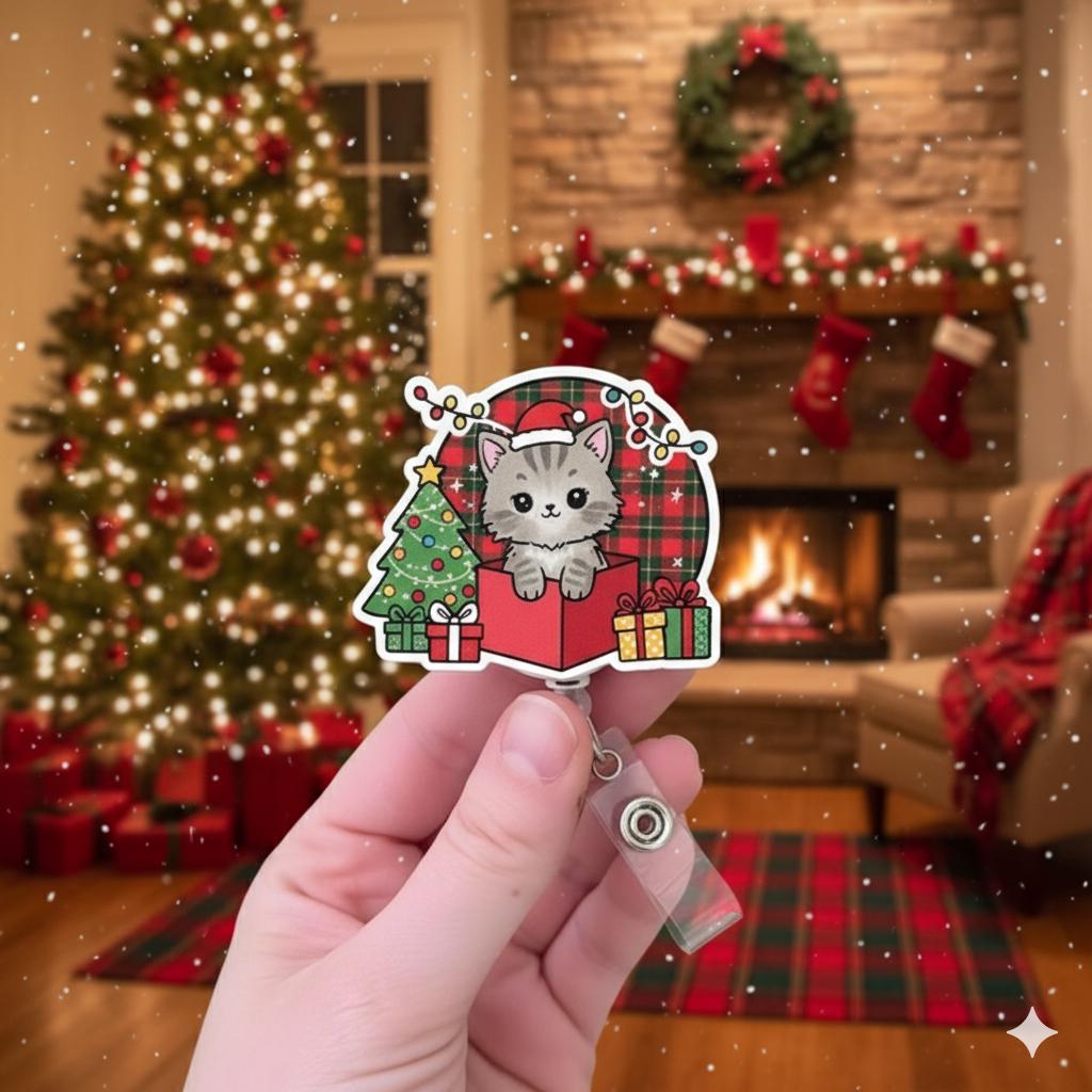 Cat Christmas Badge Reel, Retractable ID Holder, Kitten in Gift Box with Plaid Tree