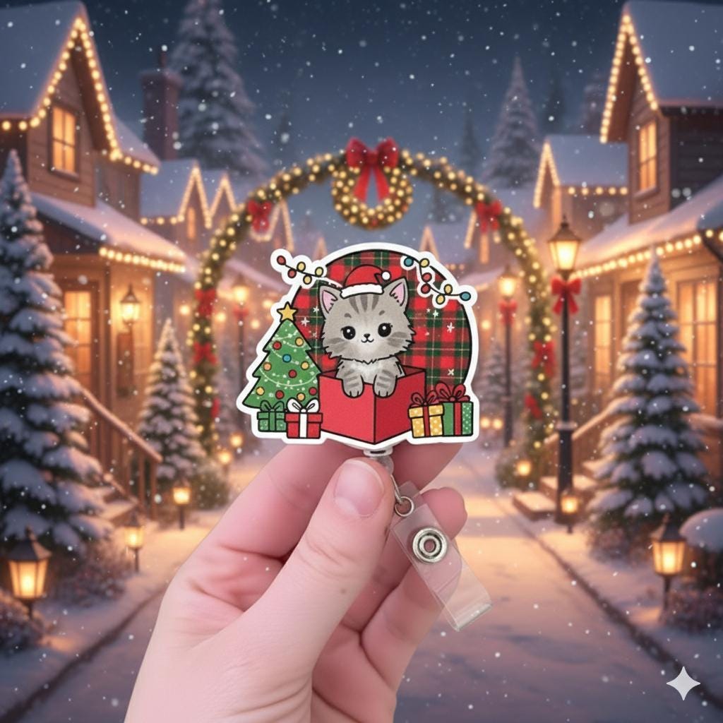 Cat Christmas Badge Reel, Retractable ID Holder, Kitten in Gift Box with Plaid Tree