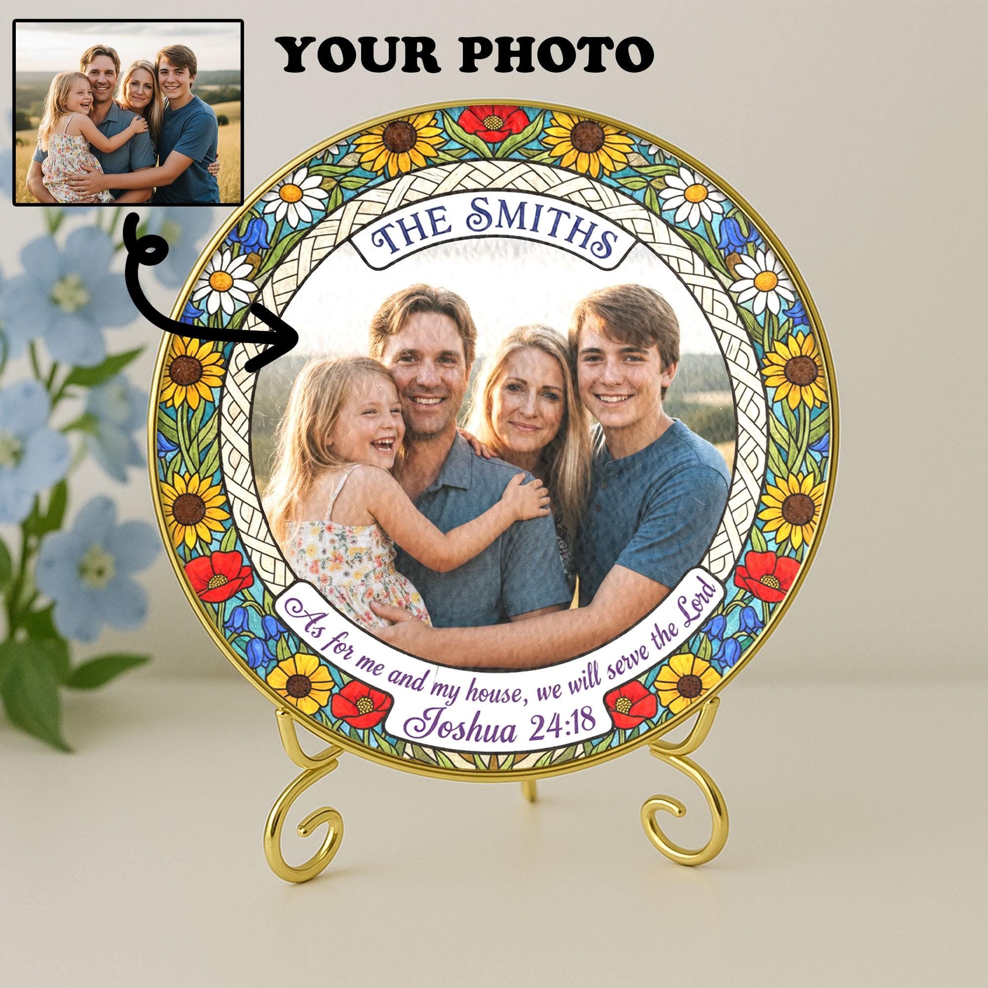 Personalized Christian Suncatcher – Custom Family Photo Ornament with Bible Verse Joshua 24:18