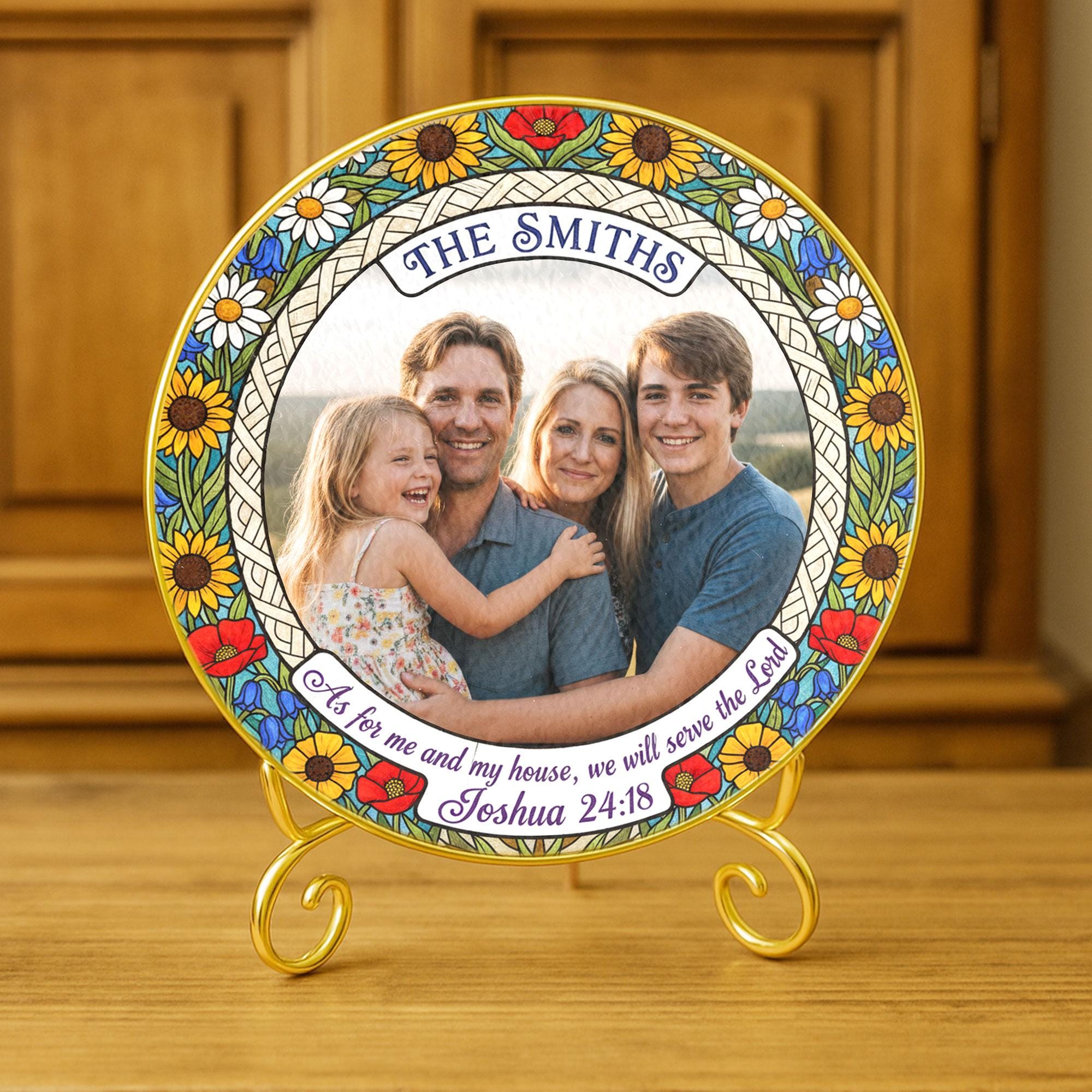 Personalized Christian Suncatcher – Custom Family Photo Ornament with Bible Verse Joshua 24:18