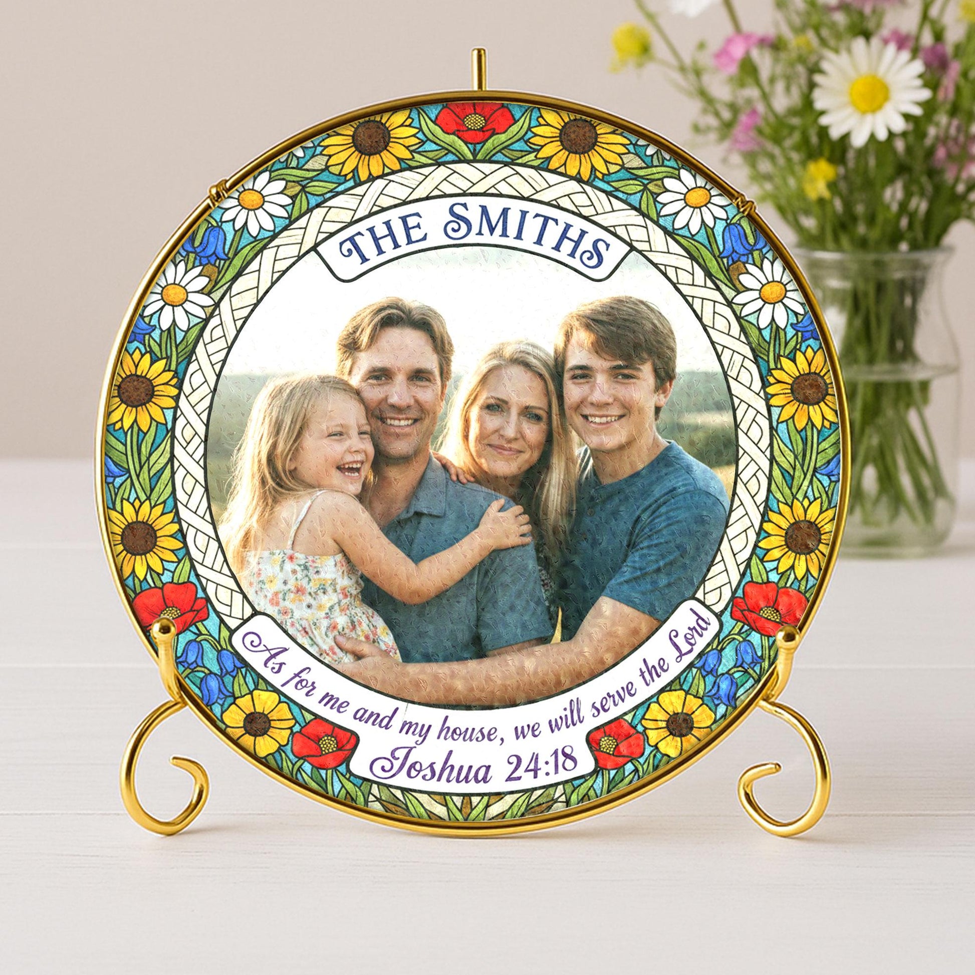 Personalized Christian Suncatcher – Custom Family Photo Ornament with Bible Verse Joshua 24:18