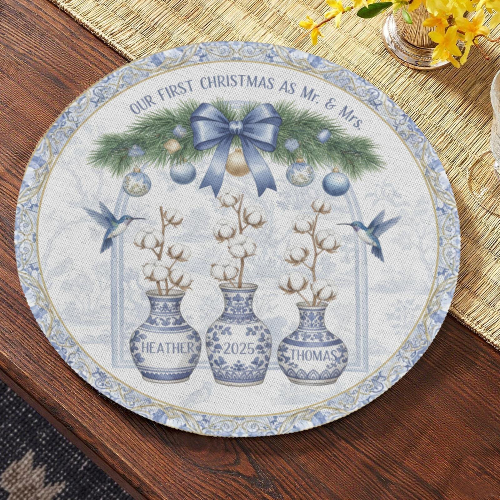 Our First Christmas Placemat – Custom Newlywed Round Holiday Table Setting with Names