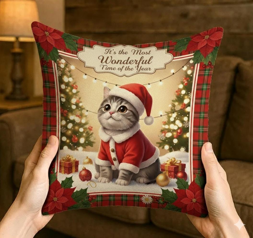 Christmas Cat Throw Pillow, Santa Outfit Kitten, Plaid Poinsettia Border, Decorative Cushion Cover