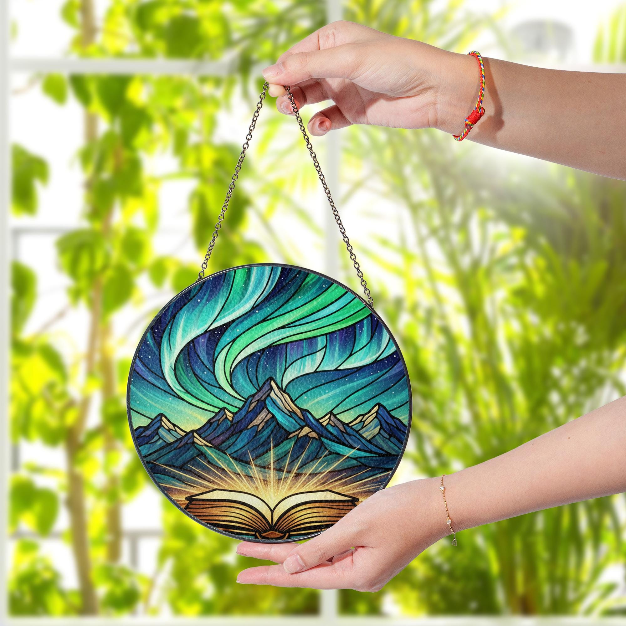Glass Suncatcher: Aurora Mountain Book Window Hanging Fantasy Home Decoration