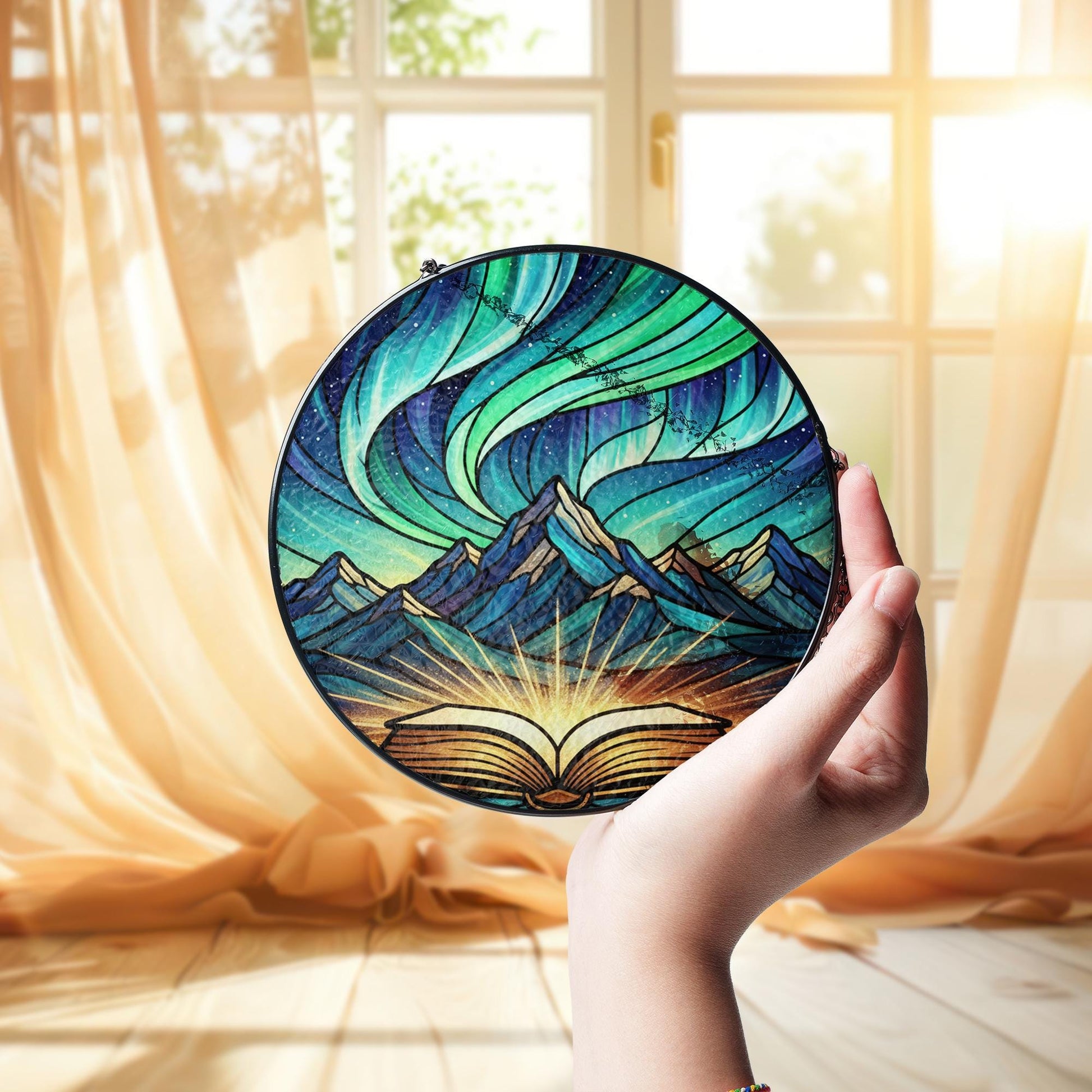 Glass Suncatcher: Aurora Mountain Book Window Hanging Fantasy Home Decoration