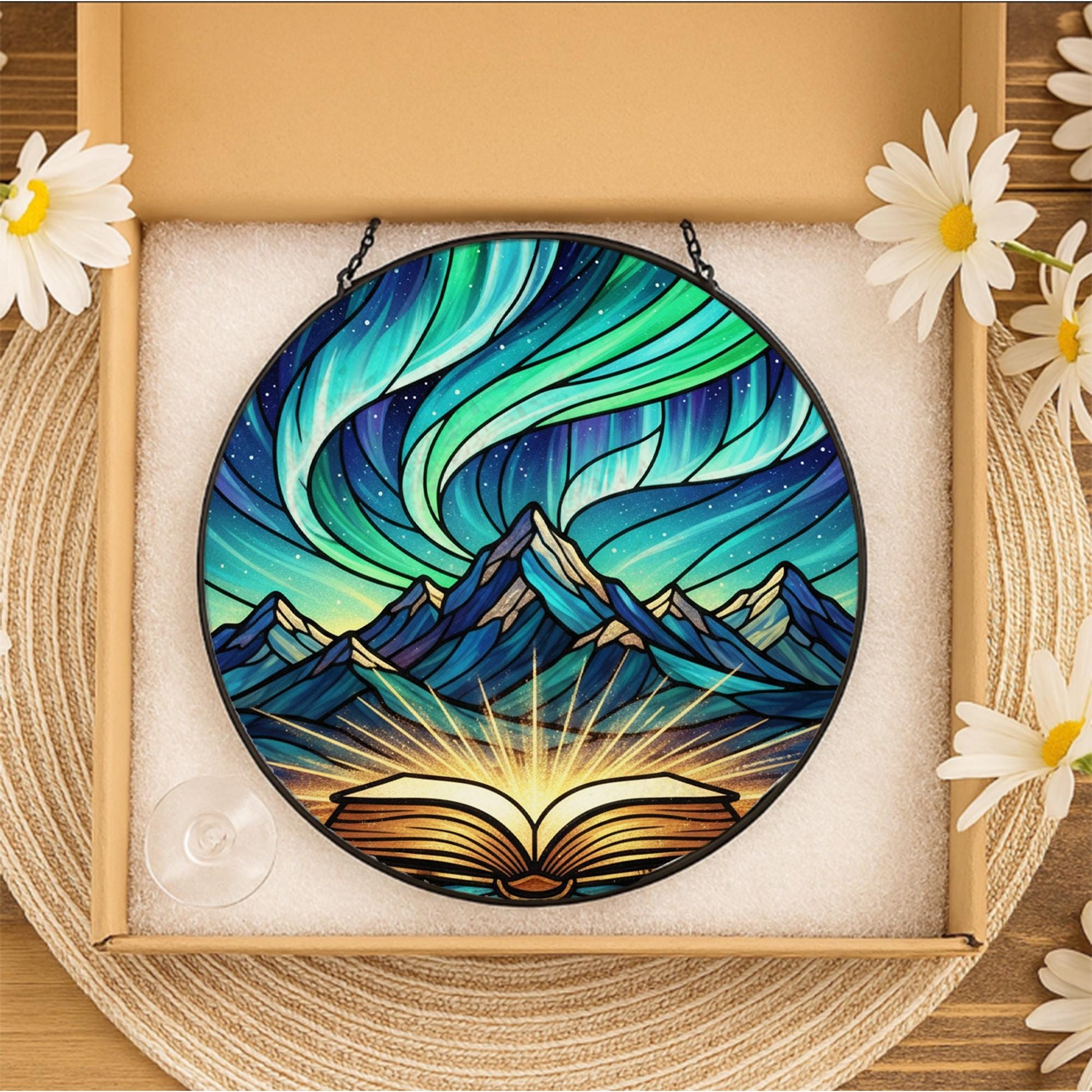 Glass Suncatcher: Aurora Mountain Book Window Hanging Fantasy Home Decoration