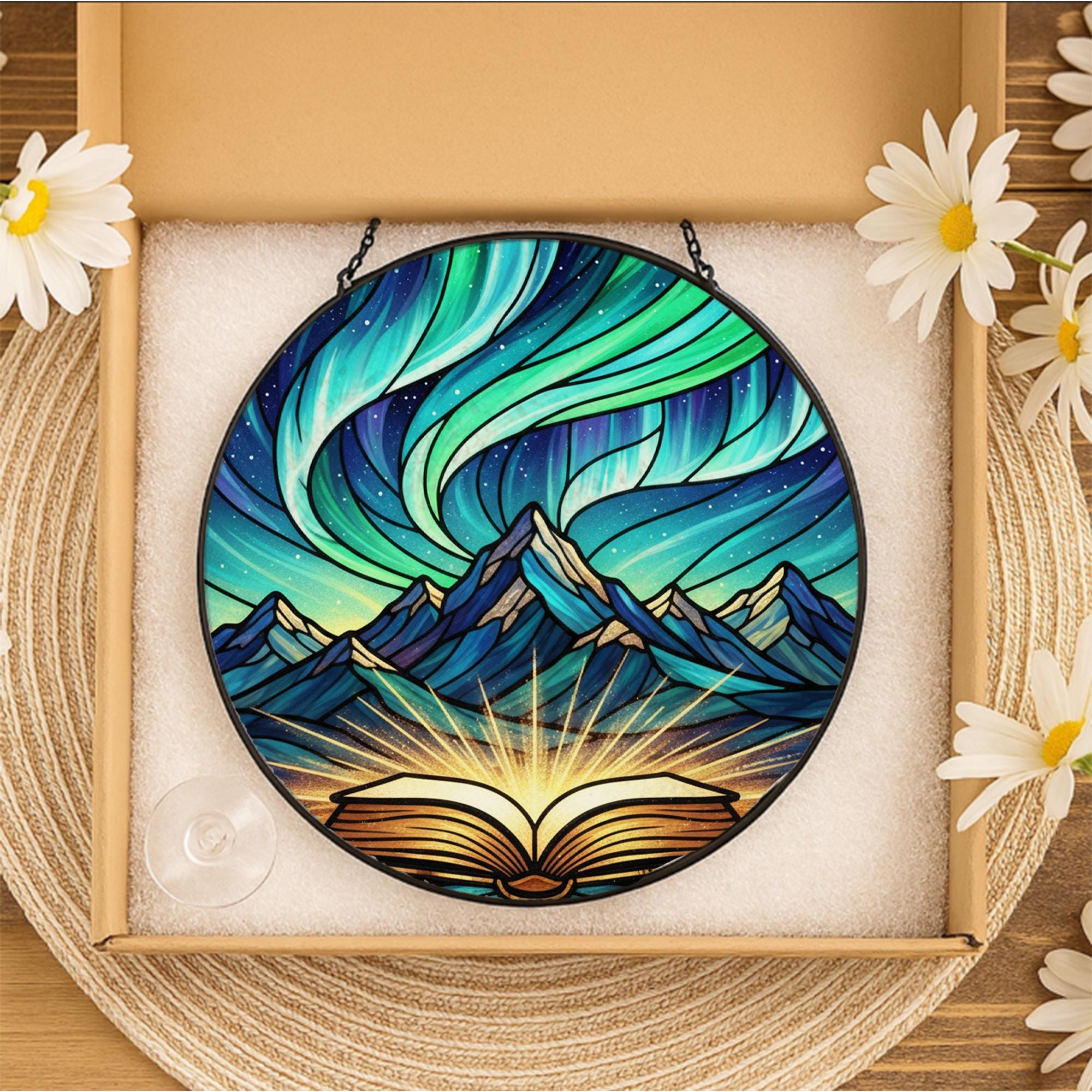 Glass Suncatcher: Aurora Mountain Book Window Hanging Fantasy Home Decoration