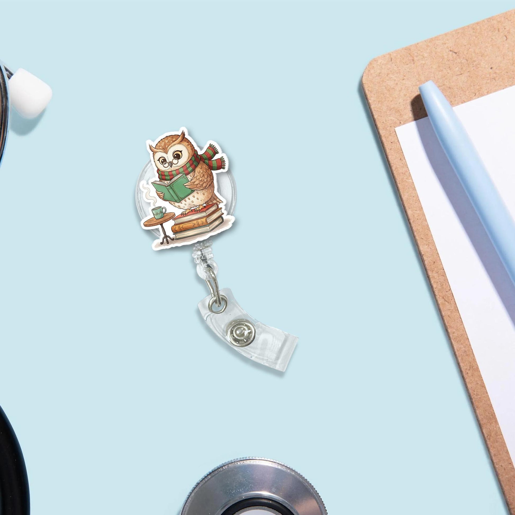 Retractable Badge Reel – Owl Reading Design, Nurse ID Holder, Office Accessory