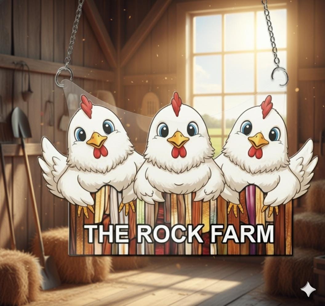 Chicken Window Hanging, Acrylic Suncatcher, Cartoon Hen Trio, Farmhouse decor, Personalized Farm Name Sign