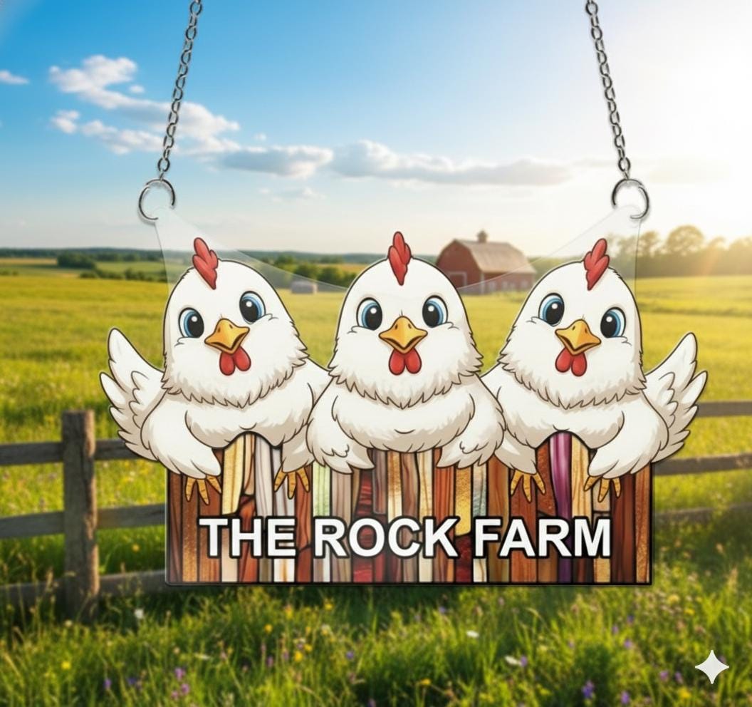 Chicken Window Hanging, Acrylic Suncatcher, Cartoon Hen Trio, Farmhouse decor, Personalized Farm Name Sign